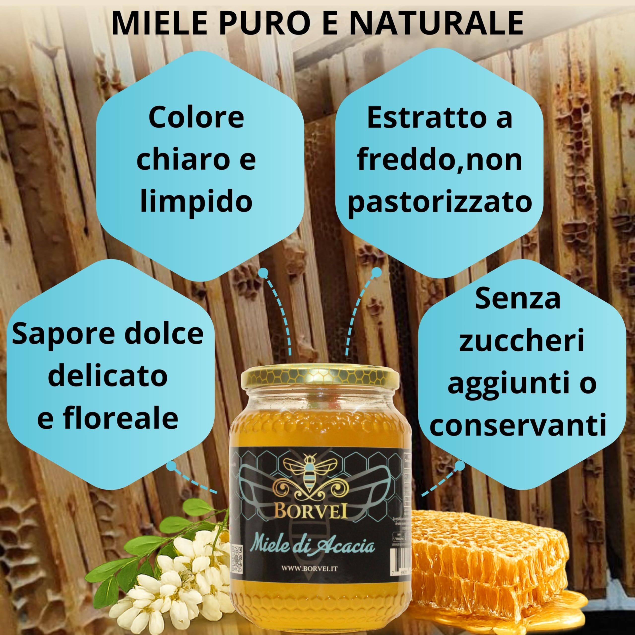 Miele di Acacia Italiano 1kg da Apicoltore Diretto BORVEI | Grezzo, Non Pastorizzato e Naturale | Estratto a Freddo | Artigianale | Senza Miscele UE