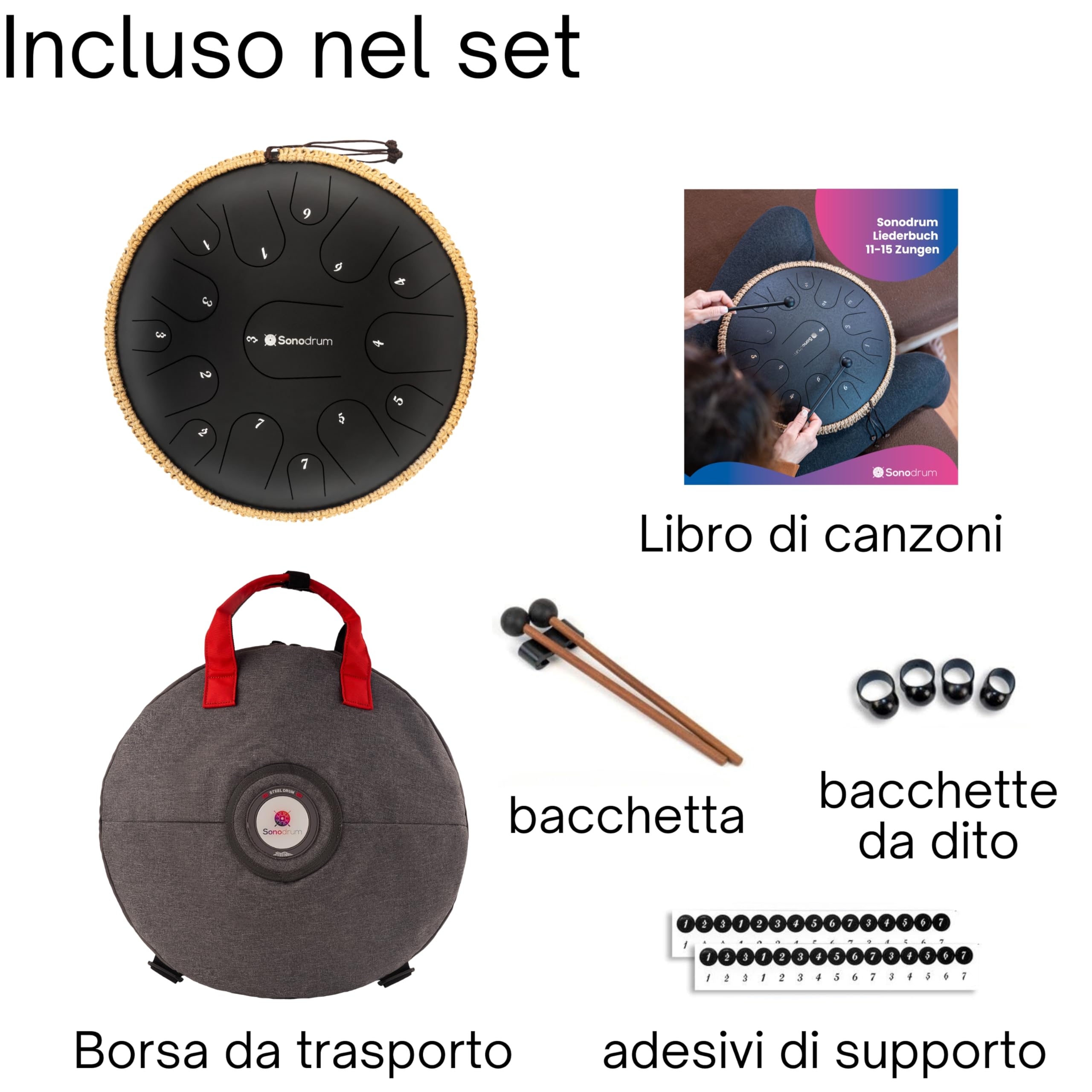 tamburo a lingua d'acciaio 'Premium' in Do Maggiore, nero - 35 cm con 15 note - steel tongue drum con canzoniere, mazzuoli, fingersticks e borsa da trasporto. Senza leggere le note.