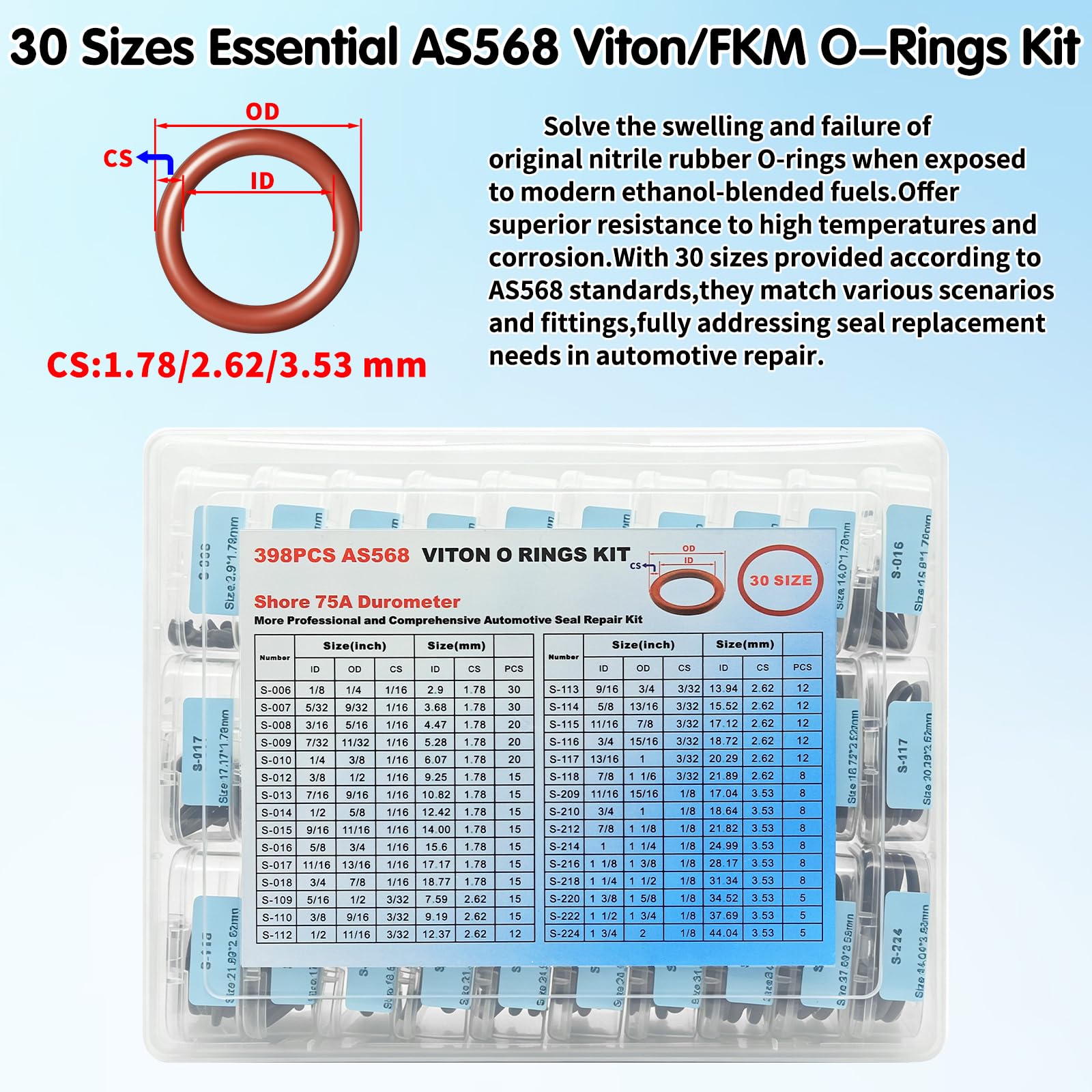 398PCS Viton O Ring per riparazione auto, 30 misure AS568 Viton O-Ring Kit, SAE FKM O-Ring guarnizioni per carburante auto, idraulico, A/C e sistema di linea di olio, guarnizioni in