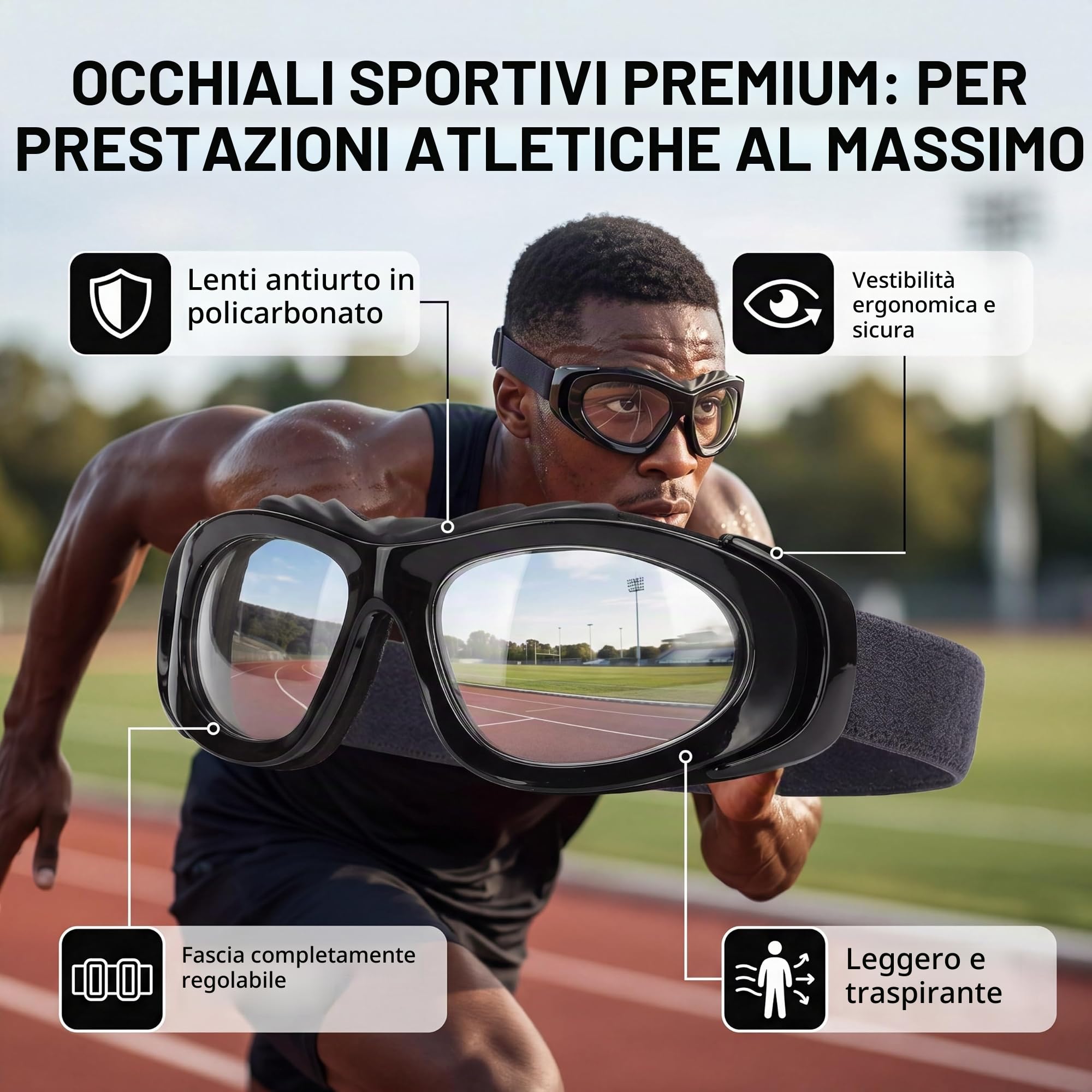 Occhiali da Calcio, Occhiali Protettivi Sportivi AntiGraffio Ergonomici HD Comodi per Escursioni in Bicicletta all'aperto (Nero)