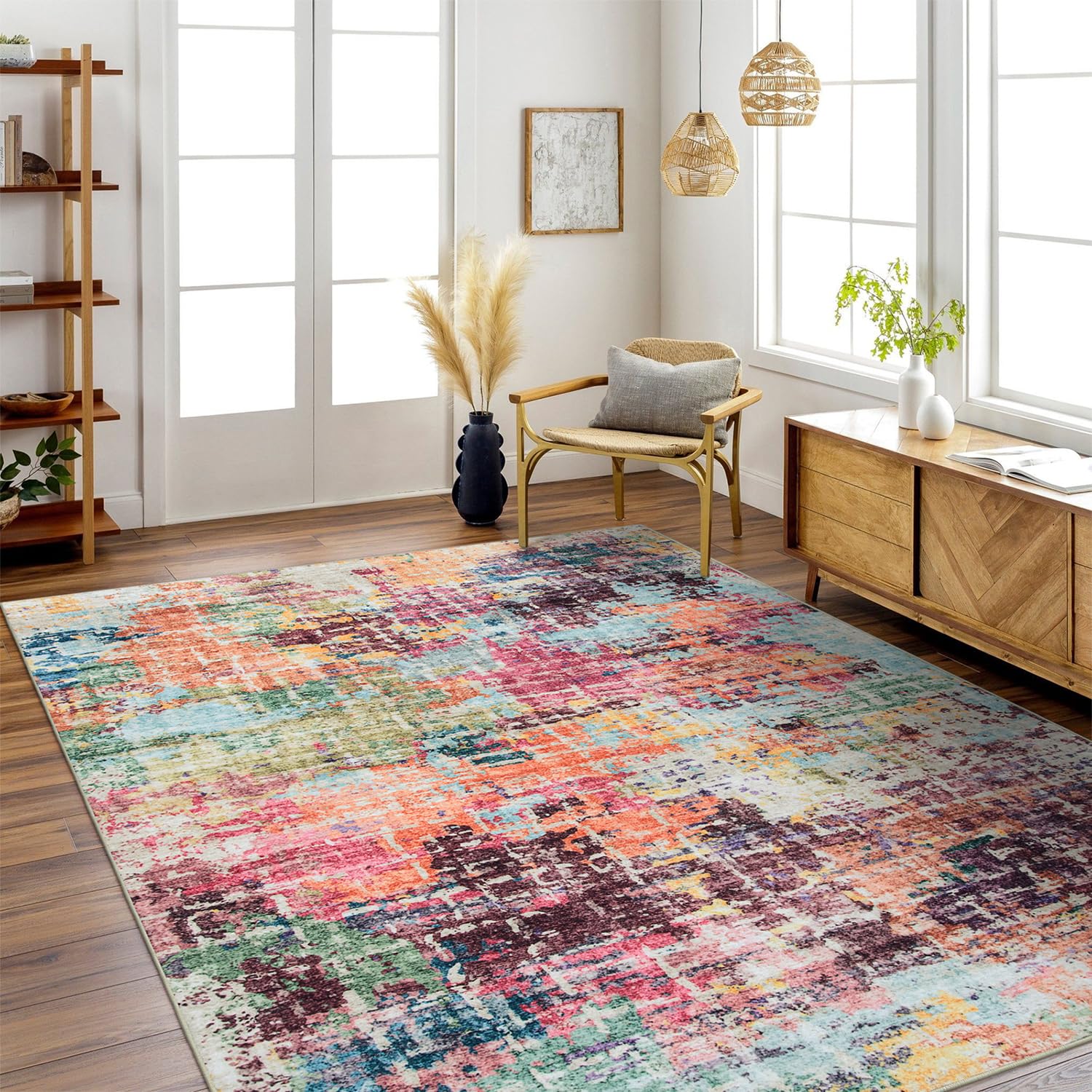Abstract Living Room Carpet, Modern Machine Washable Area Rug 6x9 with Rubber Backded, Multicolor Washable Rug Foldable Low Pile Living Room Rugs for Bedroom Dining Room Office