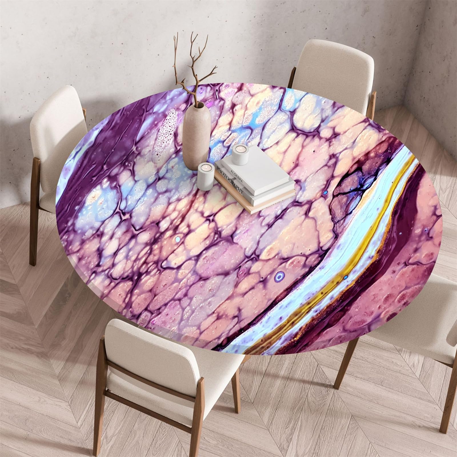 Muiuou Round Tablecloth, Marble Printing Tabletop, Reusable Wipeable Waterproof Oil-Proof Elastic Edged Round Table Cloth, Tablecloth for Dinning Room Kitchen Picnic
