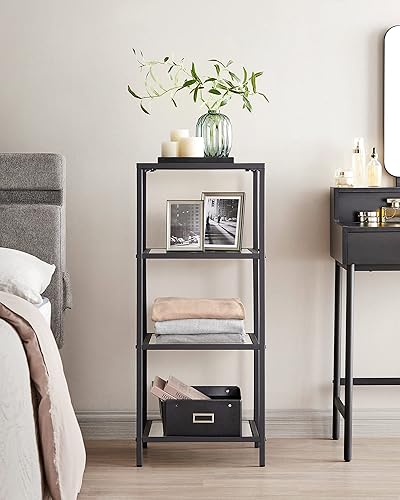 Miniatura 4 de VASAGLE Estantería de 5 niveles, estantería delgada para dormitorio, baño, oficina en casa, vidrio templado, marco de acero, blanco perla y gris