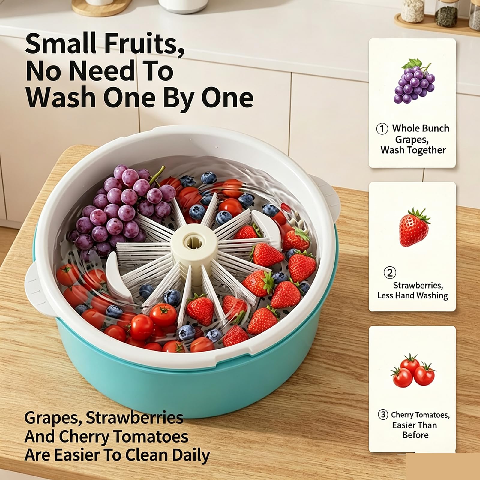 Centrifuga per Insalata E Lavatrice per Frutta E Verdura, Centrifuga Elettrica per Lattuga, Asciuga Verdure con Base Antiscivolo, Pulitore per Frutta E Verdura per La Blue