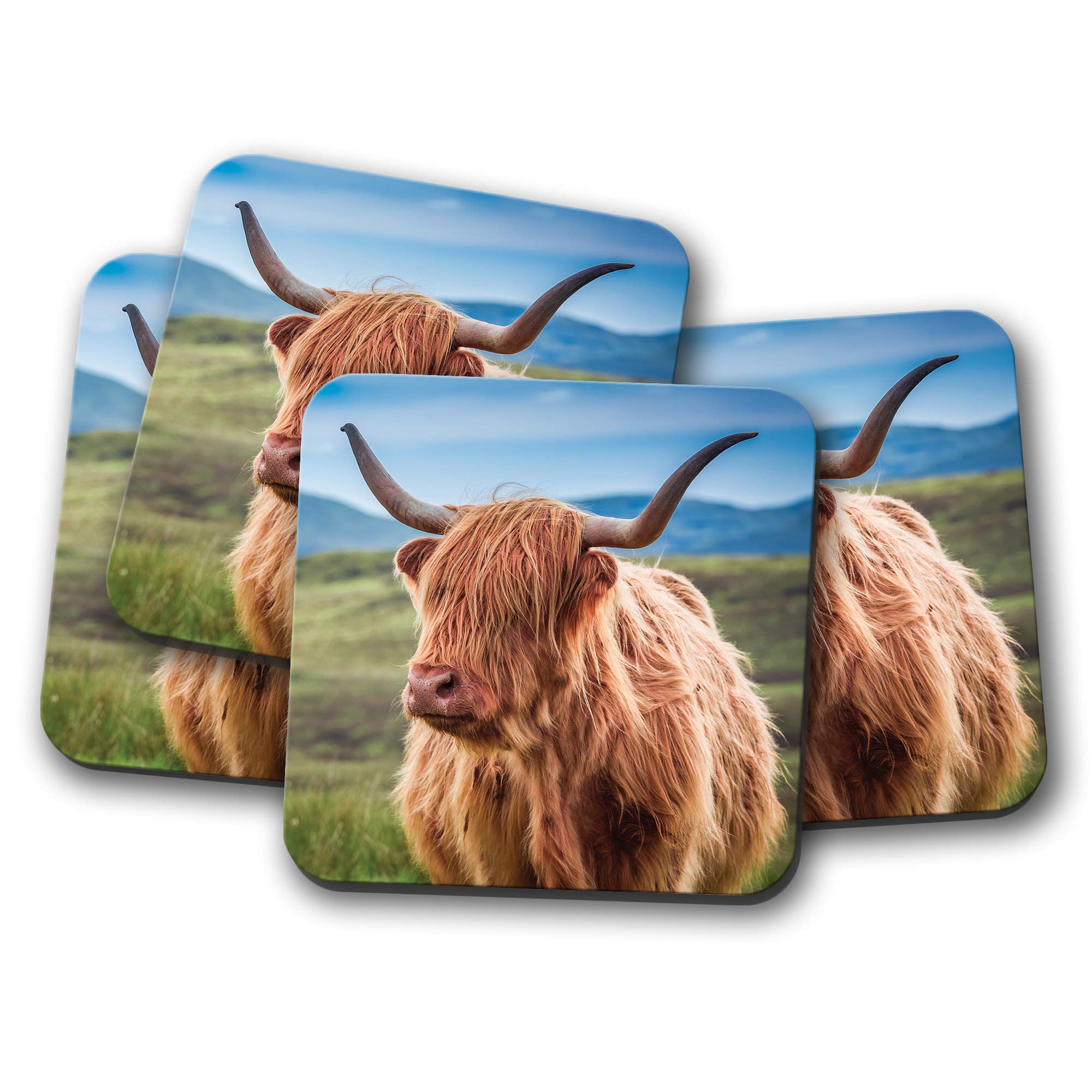 4 Set - Hairy Highland Cow Coaster - Cattle Scotland Bull Fun Animal #15762