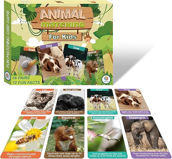 EDUMAETRIX Animal Go Fish Card Game with Fun Facts for Kids,72 Cards, Real Photo Animal Learning Playing Cards, Memory Matching Games, 2-8 Players, Ages 4-8 and up, Old Maid and Slap Jack