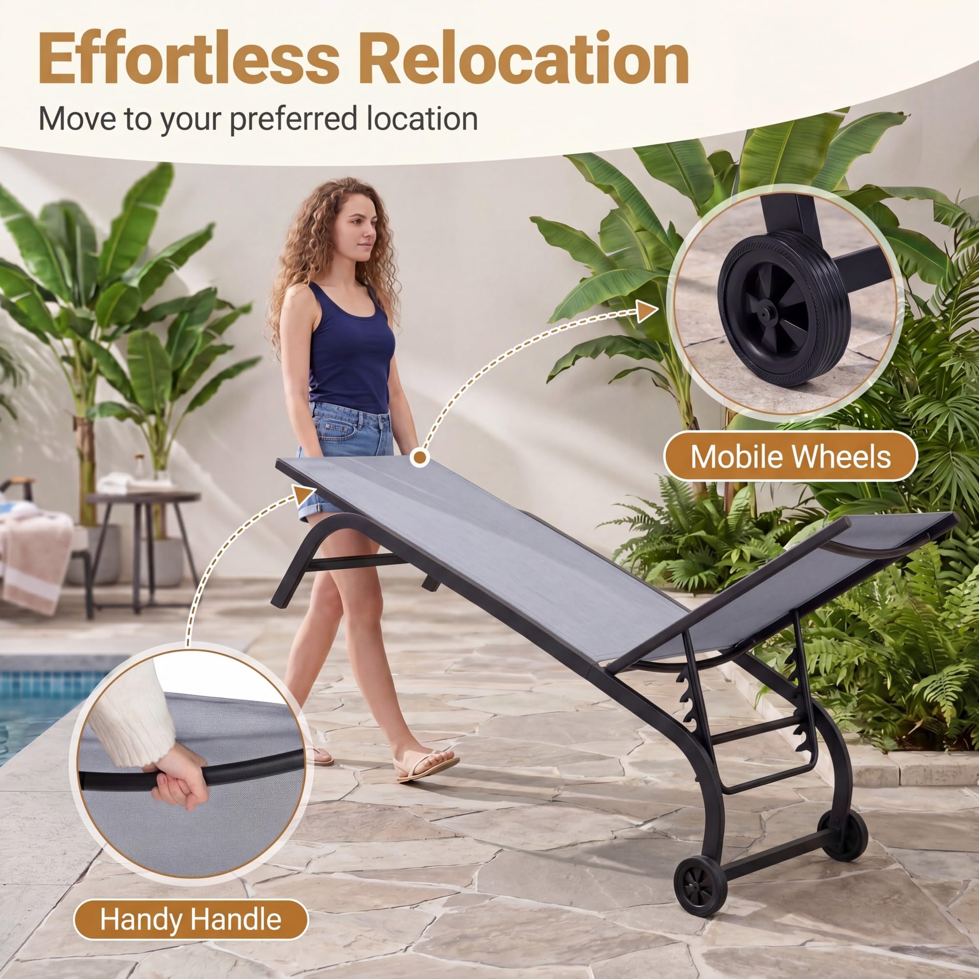 KOMFOTTEU Lettino Prendisole con Ruote, Schienale Regolabile a 6 Posizioni | Sedia a Sdraio in Tessuto Textilene, Carico 150 kg, da Esterno per Giardino, Balcone, Terrazza, Picine