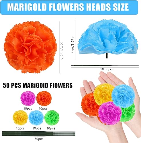 Miniatura 3 de 59 pancartas mexicanas de caléndula artificiales, cabezas de flores de seda de colores para el Día de los Muertos, Día de los Muertos, Diwali,