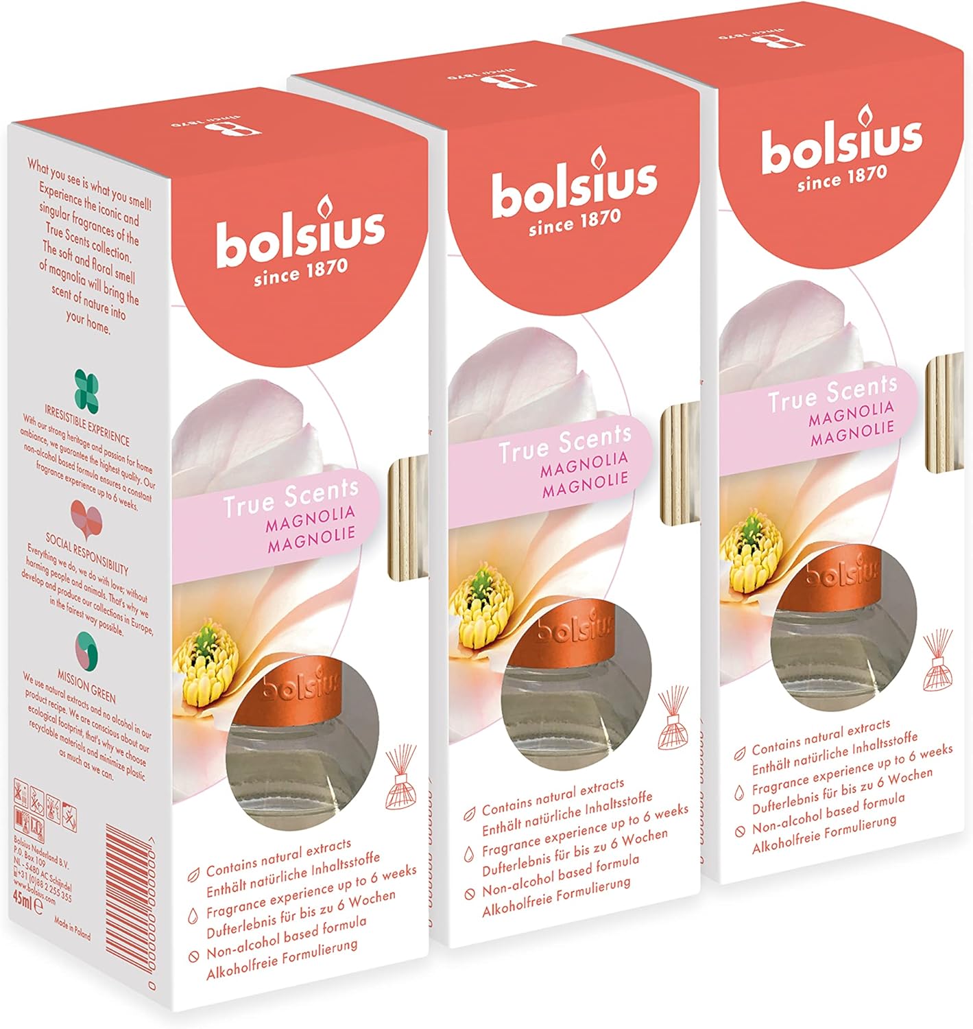 Bolsius True Scents – Perfume Sticks Room Perfume Diffuser – Magnolia – As much as 6 Weeks – Home Fragrance – with Pure Extracts – Alcohol Free – 45 ml – Pack of three