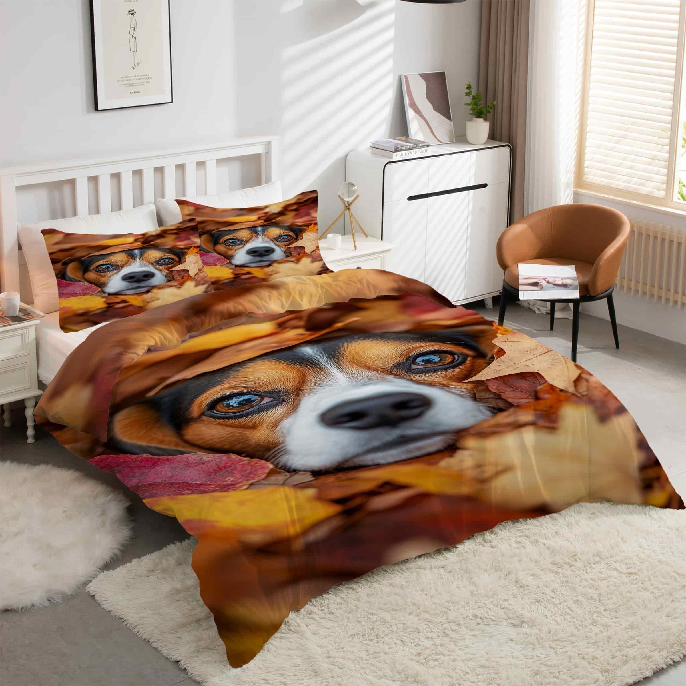 Housse de couette 220x240 cm parure de lit 3 pièces motif chien beagle animaux