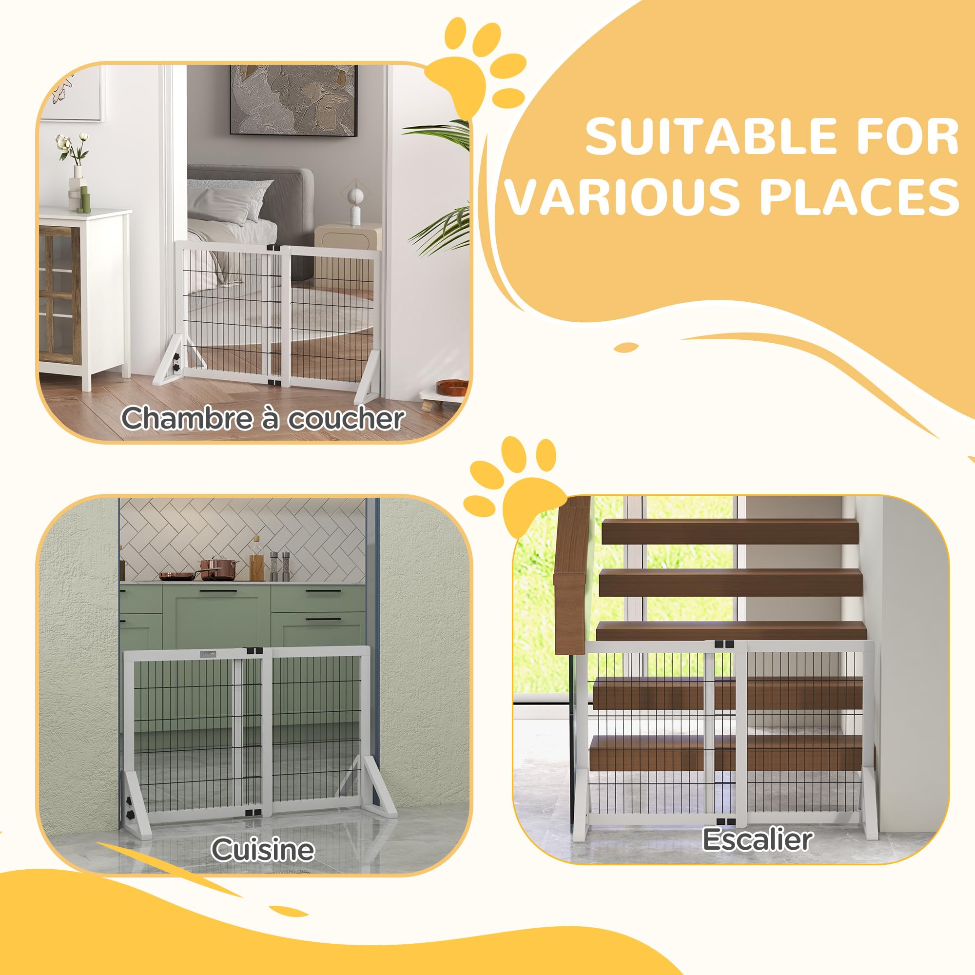PawHut Barrière de sécurité pour Chien, barrière de Protection à 2 Panneaux Largeur réglable 63-106L x 44l x 67H cm, barrière pour escalier, Porte, couloirs, en Bois de pin et Acier, Blanc