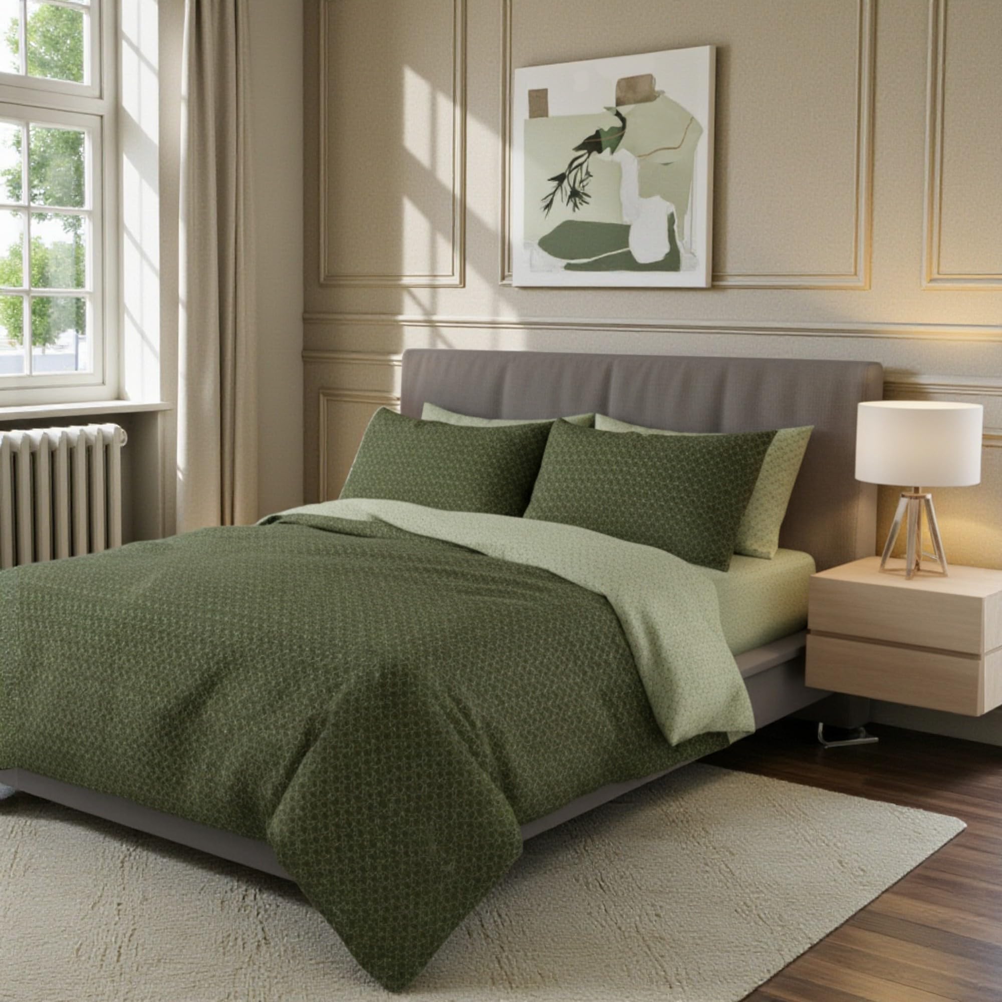 L'Emporio Casa Parure Copripiumino di Cotone Setato 100% Effetto Percalle Matrimoniale 250X200+40 cm Made Italy (Crash Verde)
