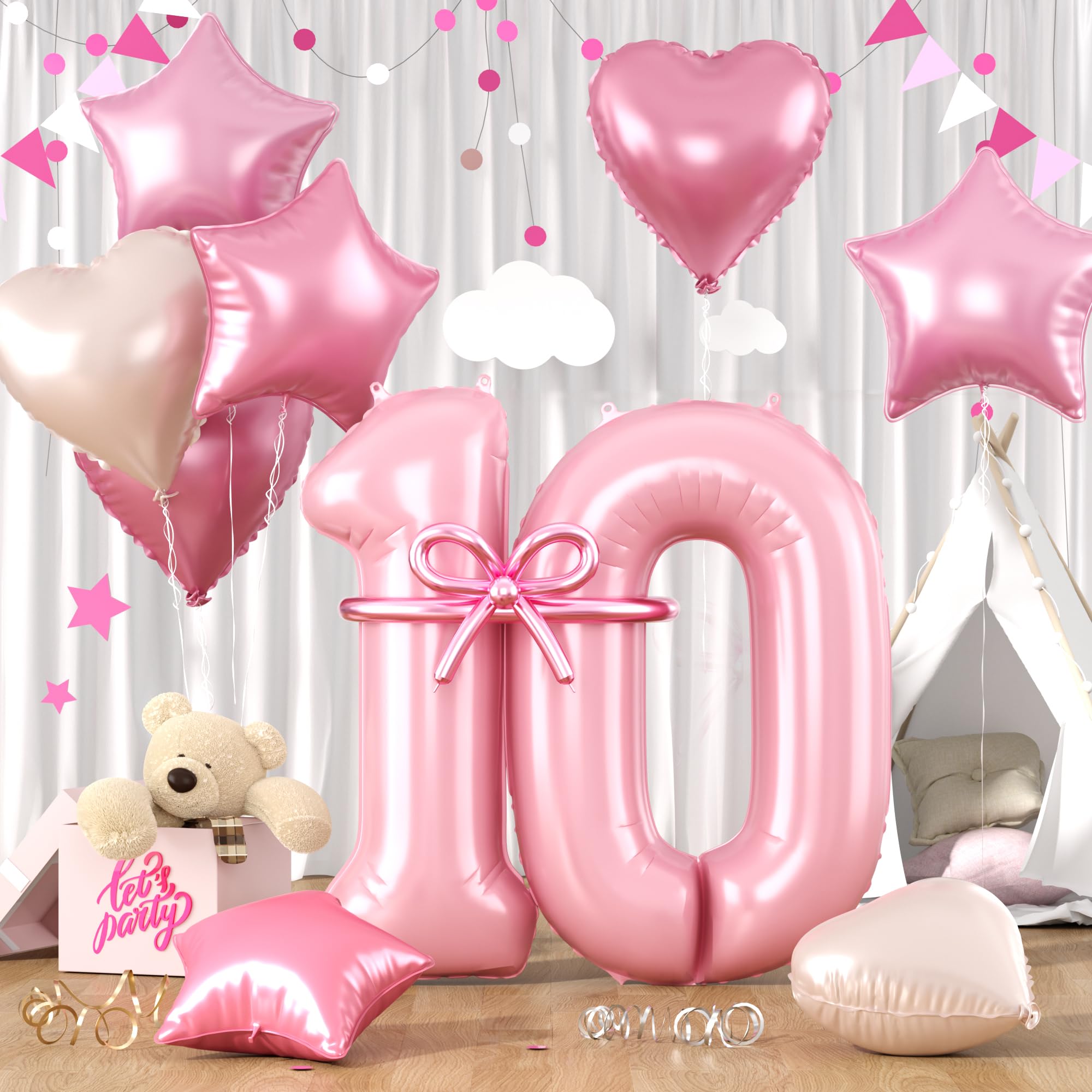 Pastel Pink 10 Balloons, Baby Pink 10 10th Number Balloons Set, Pink Foil Star Heart Balloon With Long Balloon For Gilrs Woman 10th 10 1 Years Old Birthday Party 1st Baby Shower Anniversary Decoration