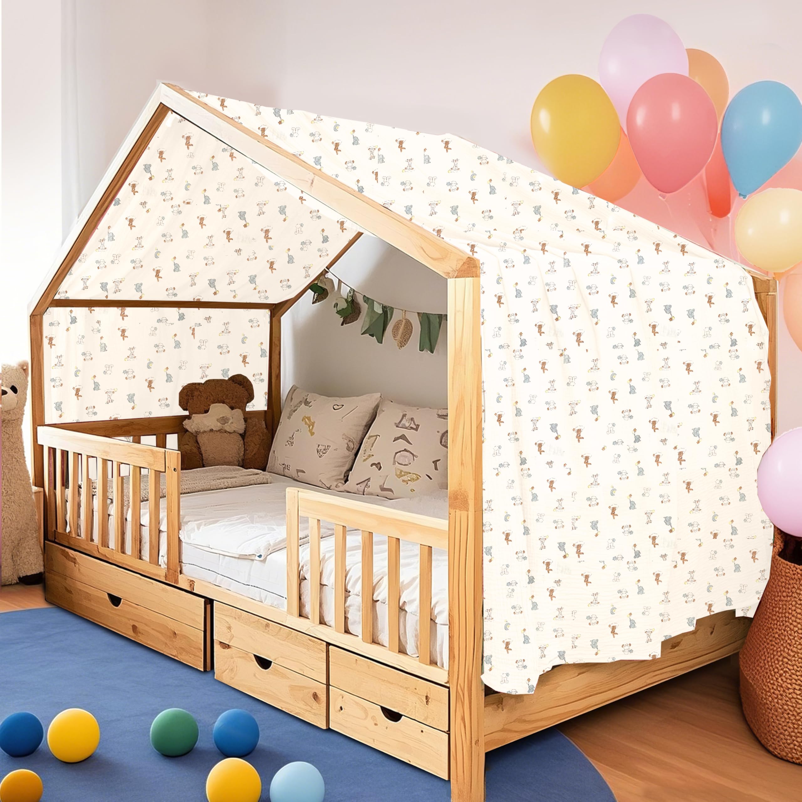 Home Bettbezug, handgefertigt aus 100% Baumwollmusselin, Stoffhimmel für die Bettdekoration zu Hause, geeignet für Jungen und Mädchen, für Kinder (132 x 420 cm, Tiere)