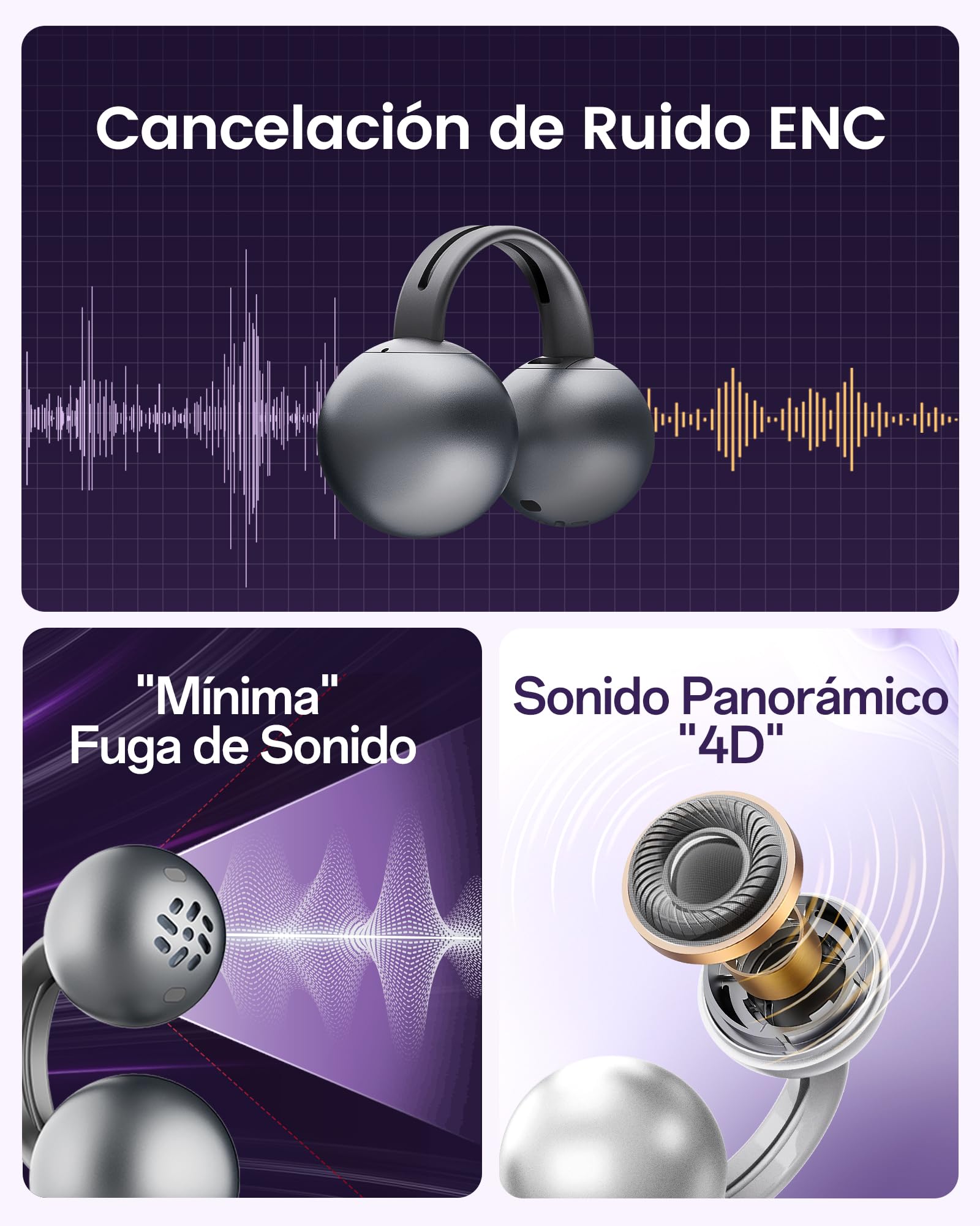mojawa StarClip Auriculares Inalámbricos de Clip Abierto, Sonido Panorámico 4D, Ajuste Ligero y Seguro, Micrófono con Cancelación de Ruido, Resistentes al Agua IP54 para Deporte y Uso Diario, Plata