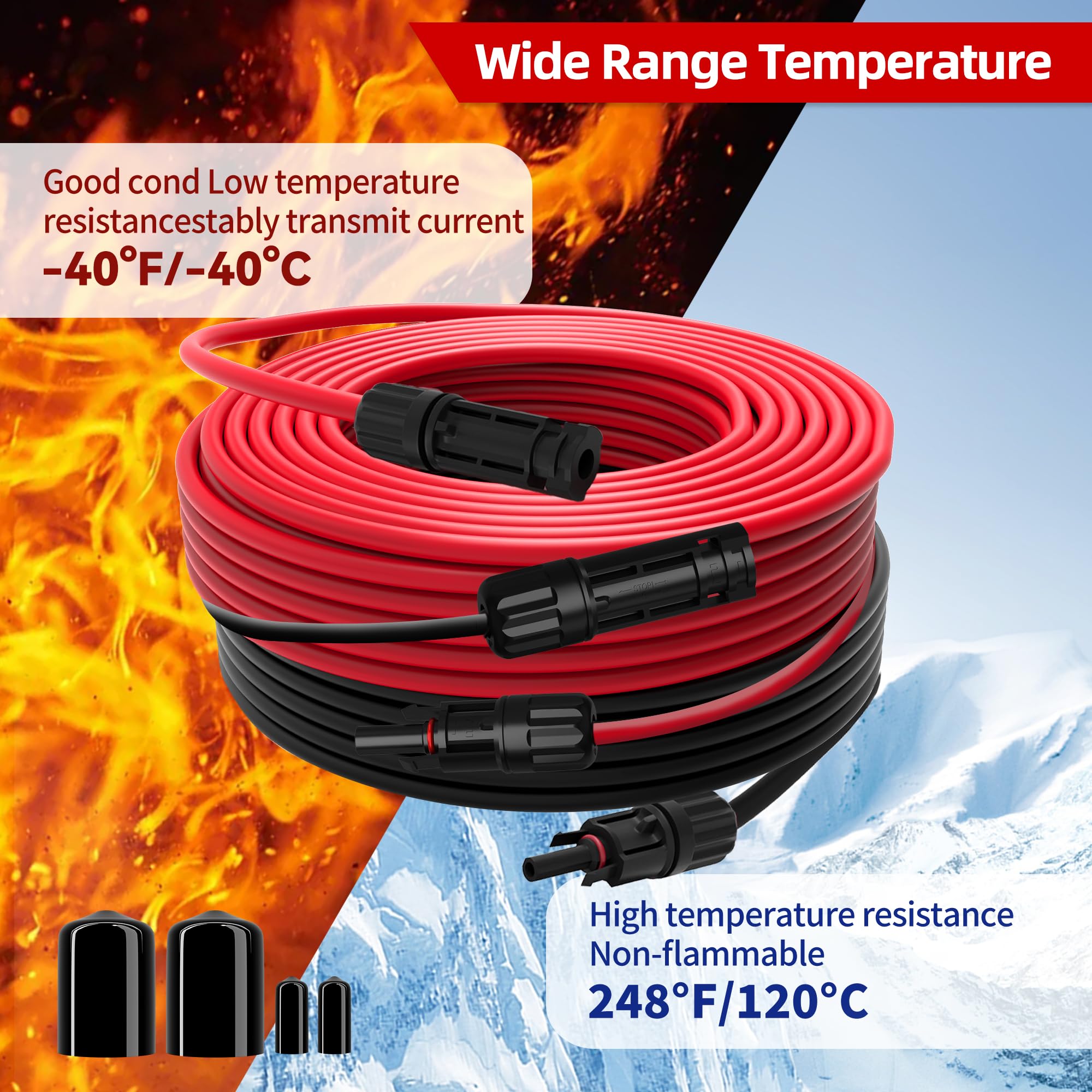 Cable de extensión solar de calibre 10 para paneles solares de 50 pies, 10 AWG (6 mm²), cable fotovoltaico SJZSUNRUN de cobre estañado con 2 pares de conectores solares MC4 para automóviles al aire