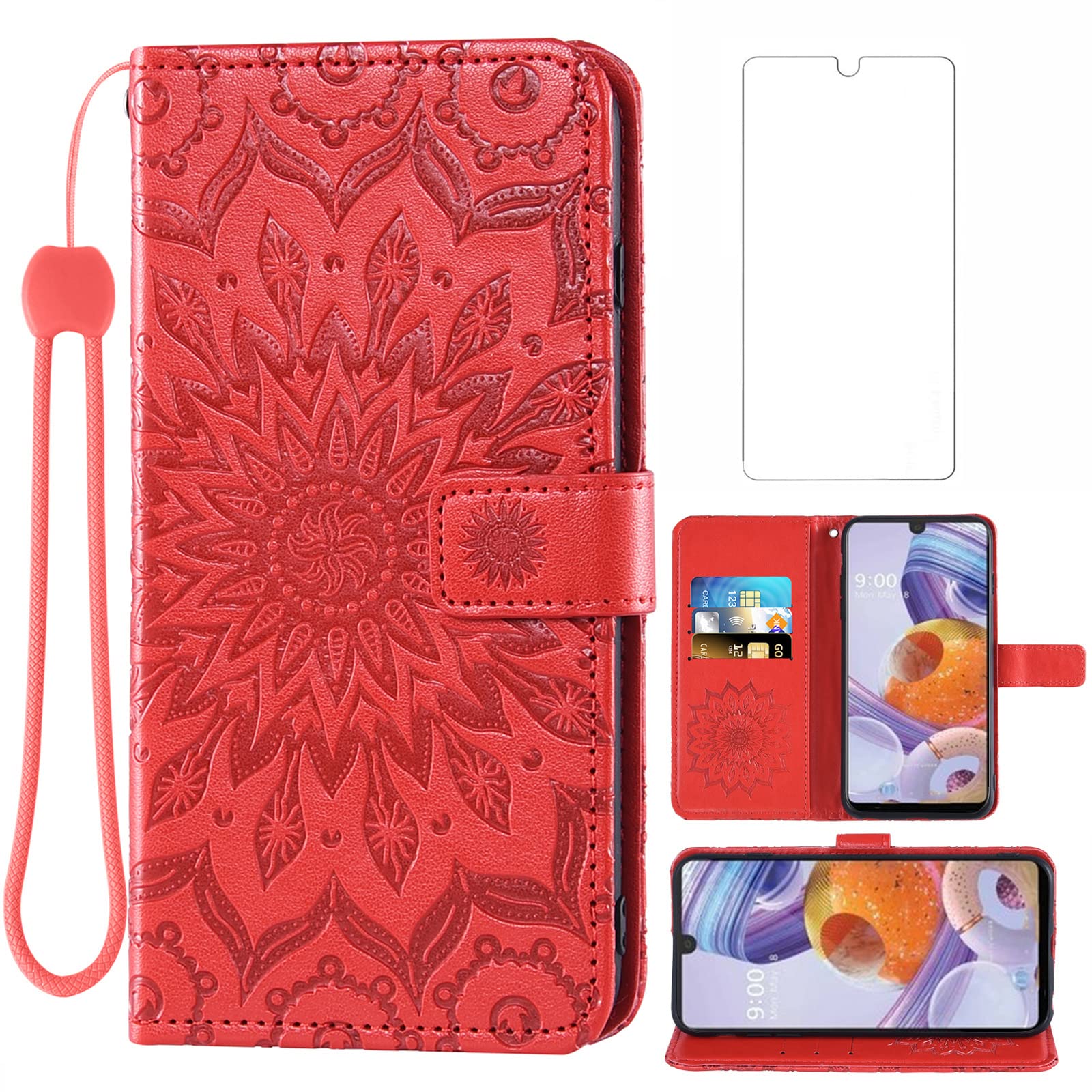 Phone Case for LG Stylo 6/Stylo6 Plus/K71 Stylus Wallet Cases with Tempered Glass Screen Protector Leather Slim Flip Cover Card Holder Stand Cell Accessories LGStylo6 6+ 6plus Six 2020 Women Men Red