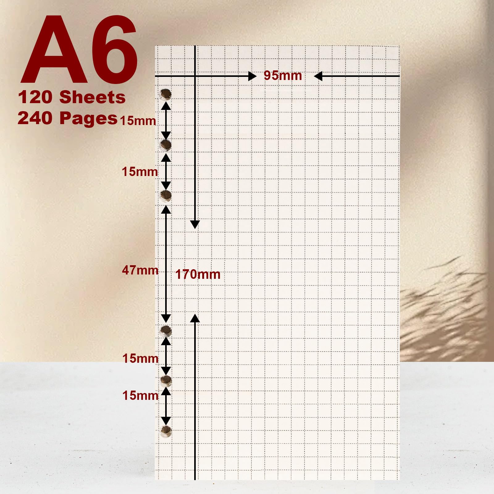 Zestaw 2 segregatorów A6, 120 arkuszy papieru, 6 otworów, w kratkę papier uzupełniający, wkłady uzupełniające do notatników, pamiętników, szkiców, planerów