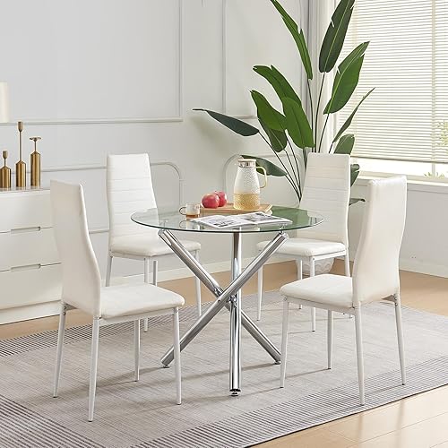 Miniatura 10 de Juego de comedor redondo de cristal de 5 piezas para 4 personas, mesa de comedor de cristal con 4 sillas de piel sintética para comedor, Podría