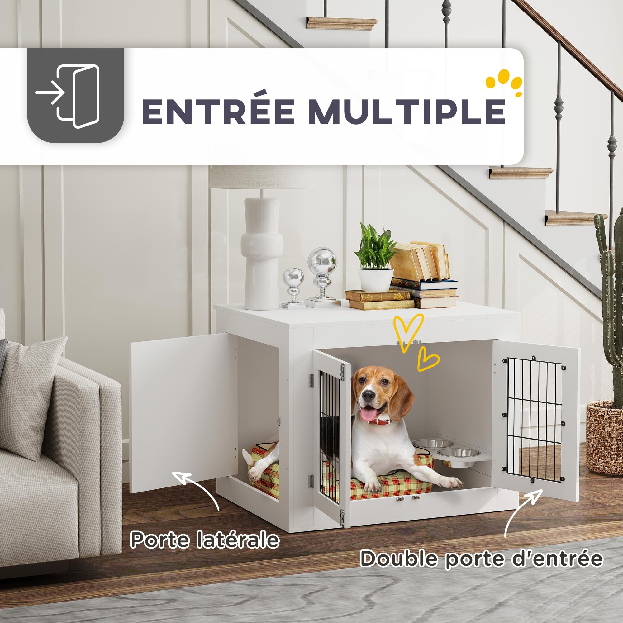 PawHut - Jaula para perro interior, caja para perro de madera, 2 cuencos giratorios 360°, 2 puertas, mesa auxiliar, tamaño mediano hasta 20 kg, 80 x 60 x 63 cm, color blanco