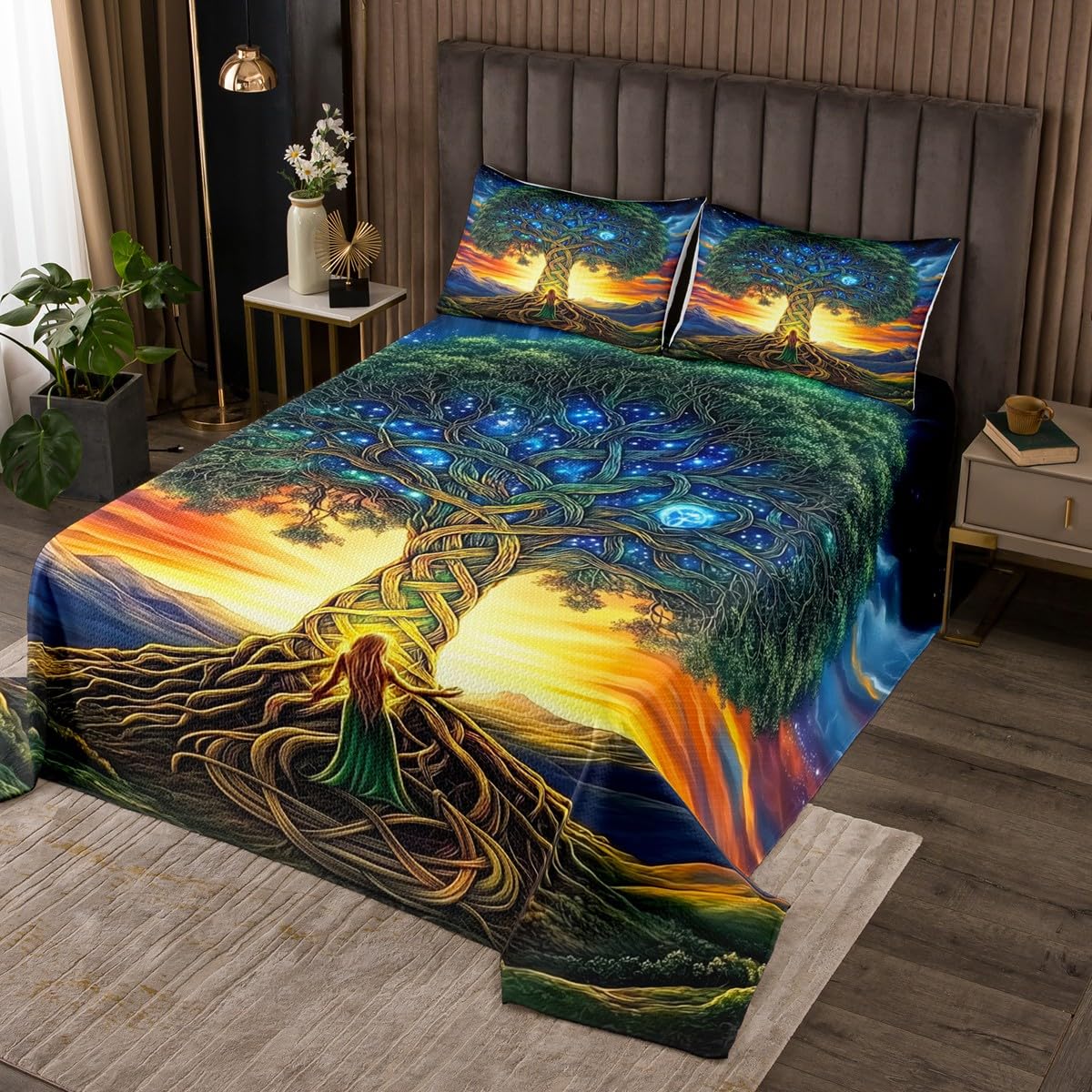 Tree of Life Kids Bedspread Twin Size,Sunset Mountain Starry Sky Coverlet Set,Boys Girls Room Decor,Exotic Botanical Tree Branches Quilted Coverlet,Green Yellow Bedding Quilt,1 Pillowcase