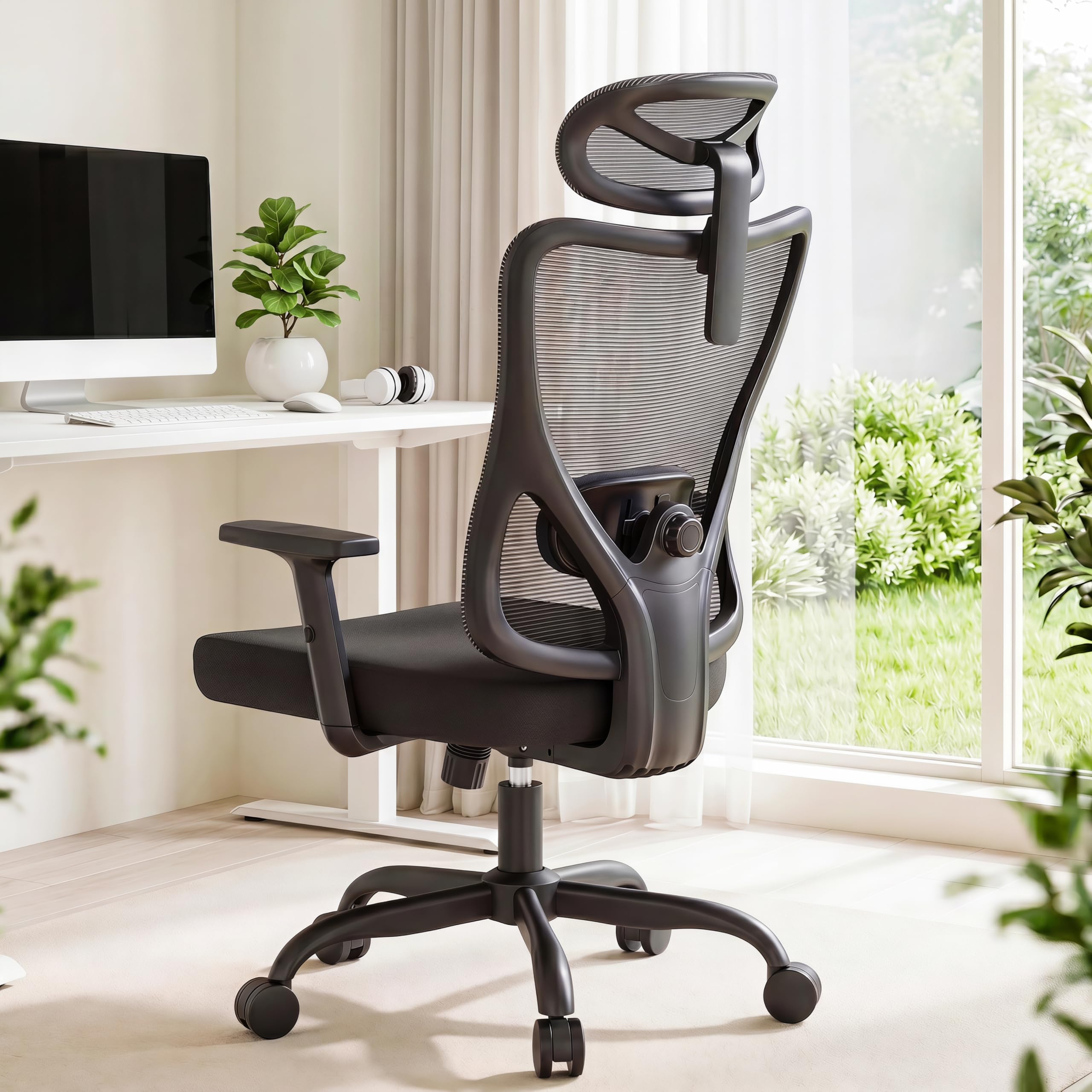 Marsail Silla Oficina, Silla Escritorio Ergonómica con Reposacabezas 2D, Soporte Lumbar 2D, Reposabrazos Plegables 3D, Asiento 8 cm, Altura Regulable, Función Basculante, hasta 136 kg