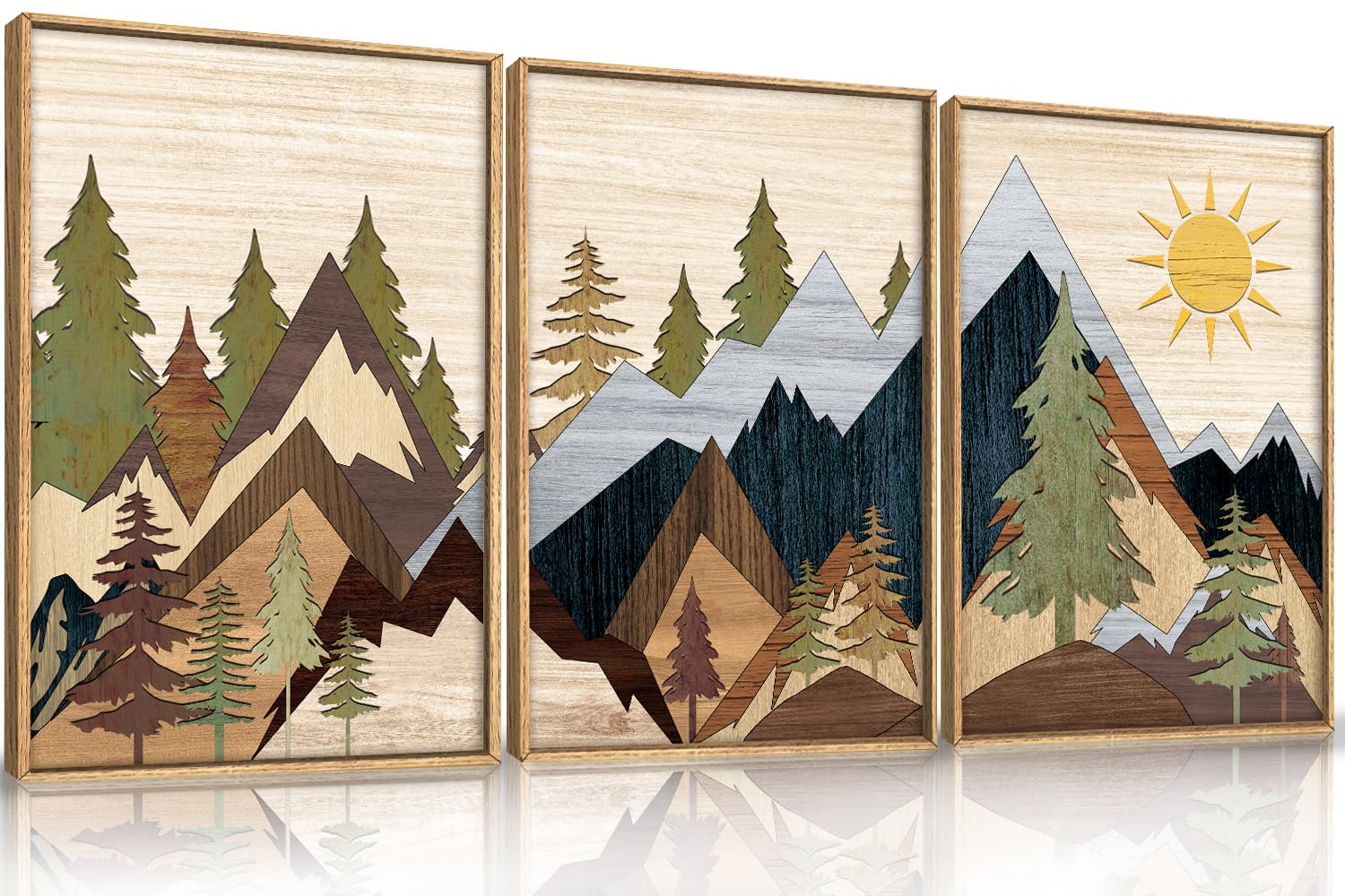 mountain pine tree framed canvas wall art set, nature wilderness illustration wall decor, woodcut forest wall painting, mid century modern art print for living room bedroom office 16"x24"x3
