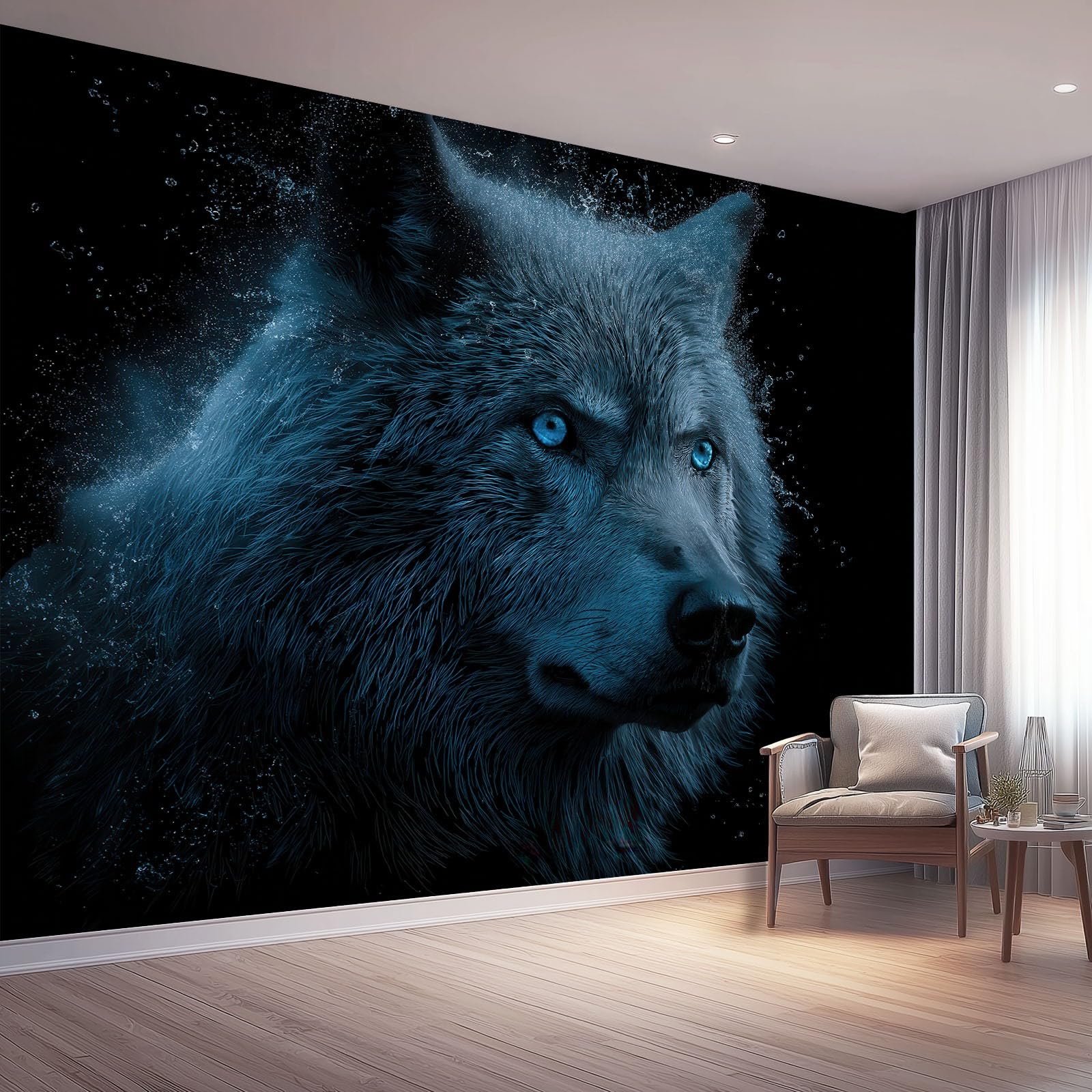 Tapeta z włókniny 350 x 256 cm, fantastyczne zwierzę wilk, dekoracja ścienna do głównej sypialni i salonu, czarno-niebieska