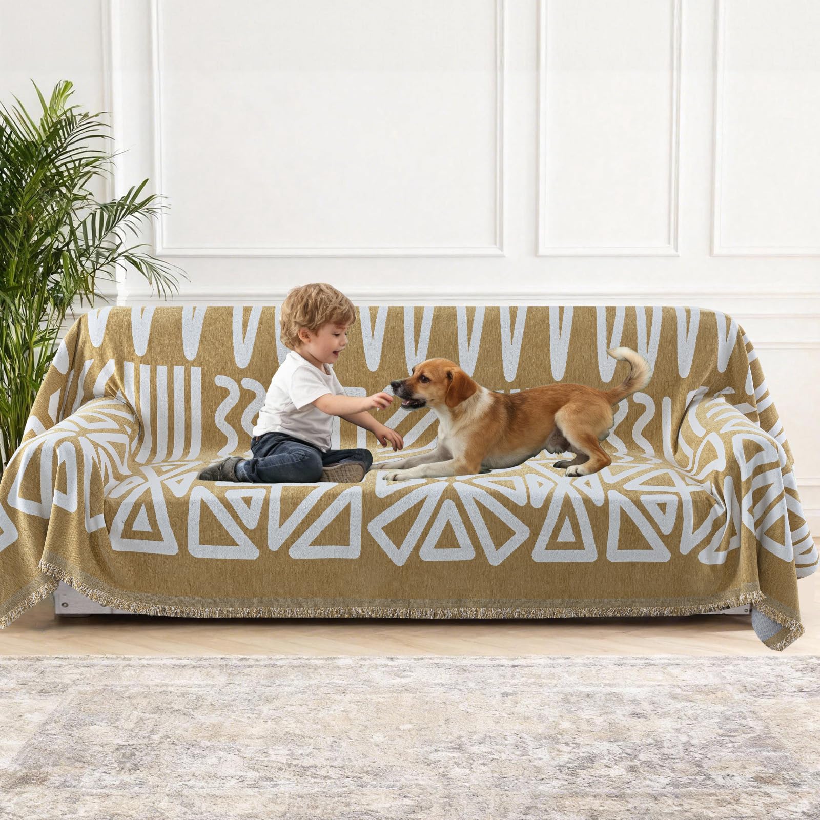 H.Versailtex Chenille Couch Cover Sofa Covers 2 3 4 Seater, Waterproof Sofa Covers for Pet Friendly, Soft Couch Covers for Dogs, Breathable, All-season Universal, 180 x 380 cm, Printed-khaki
