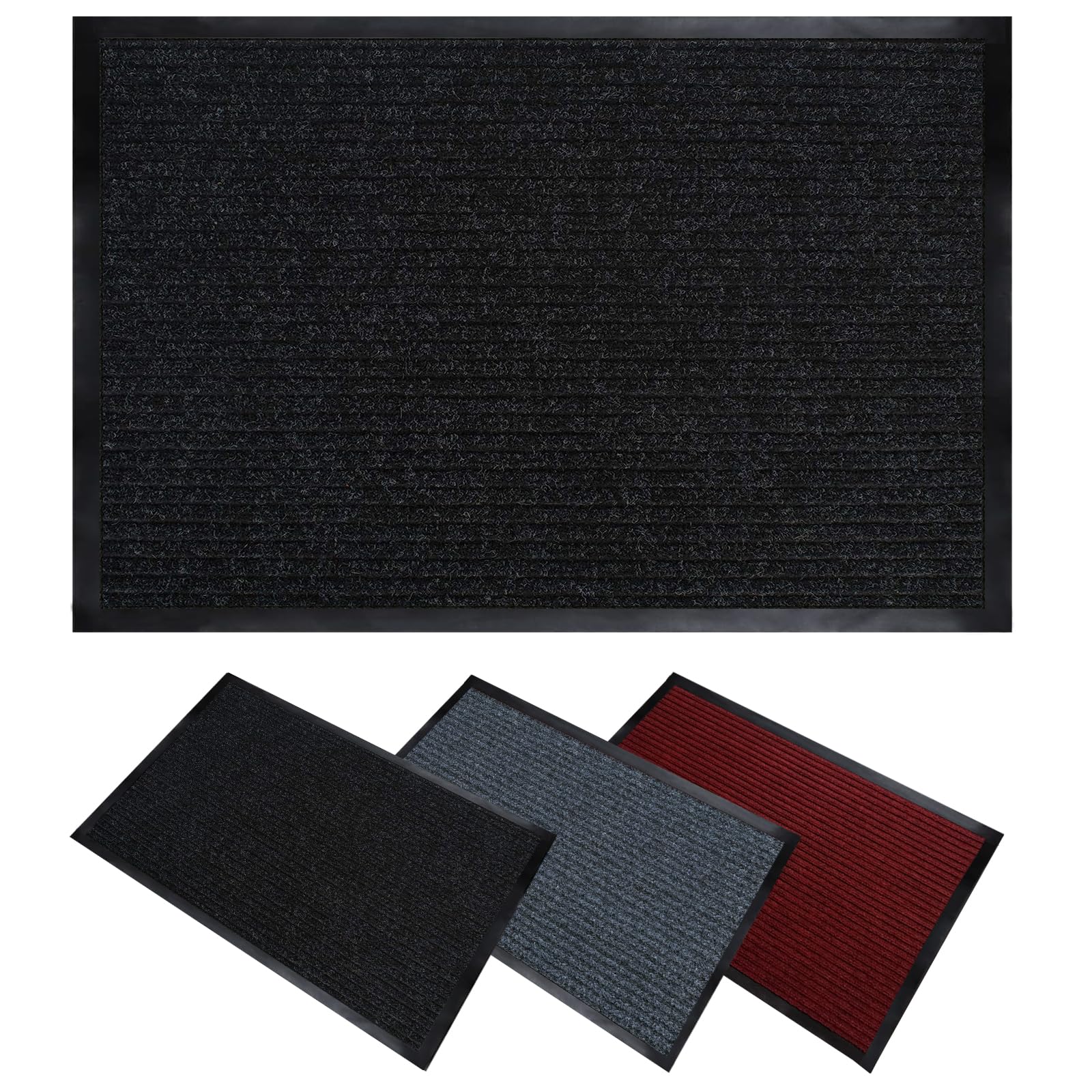 Door Mats Indoor 60x90 cm, Black Double Stripe Groove Design Dirt Trapper Door Mat, Non Slip Mat Outdoor Rug Rubber Mat, Perfect for Kitchen, Home and Hotel Entrance