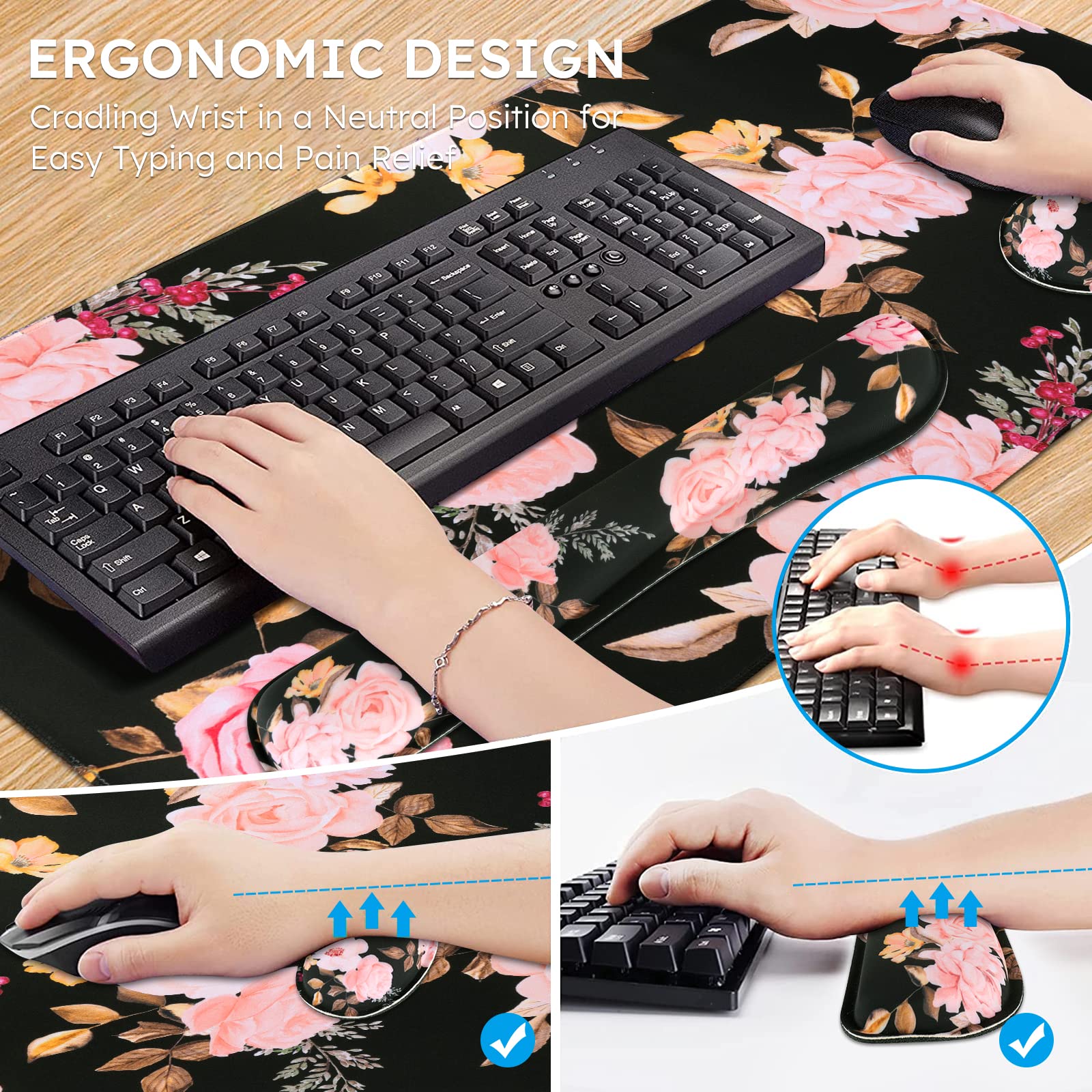 iCasso Lot de 3 tapis de souris pour clavier, tapis de souris de jeu étendu + repose-poignet pour clavier, mousse à mémoire de forme, soulagement de la douleur à la saisie facile, grand tapis de