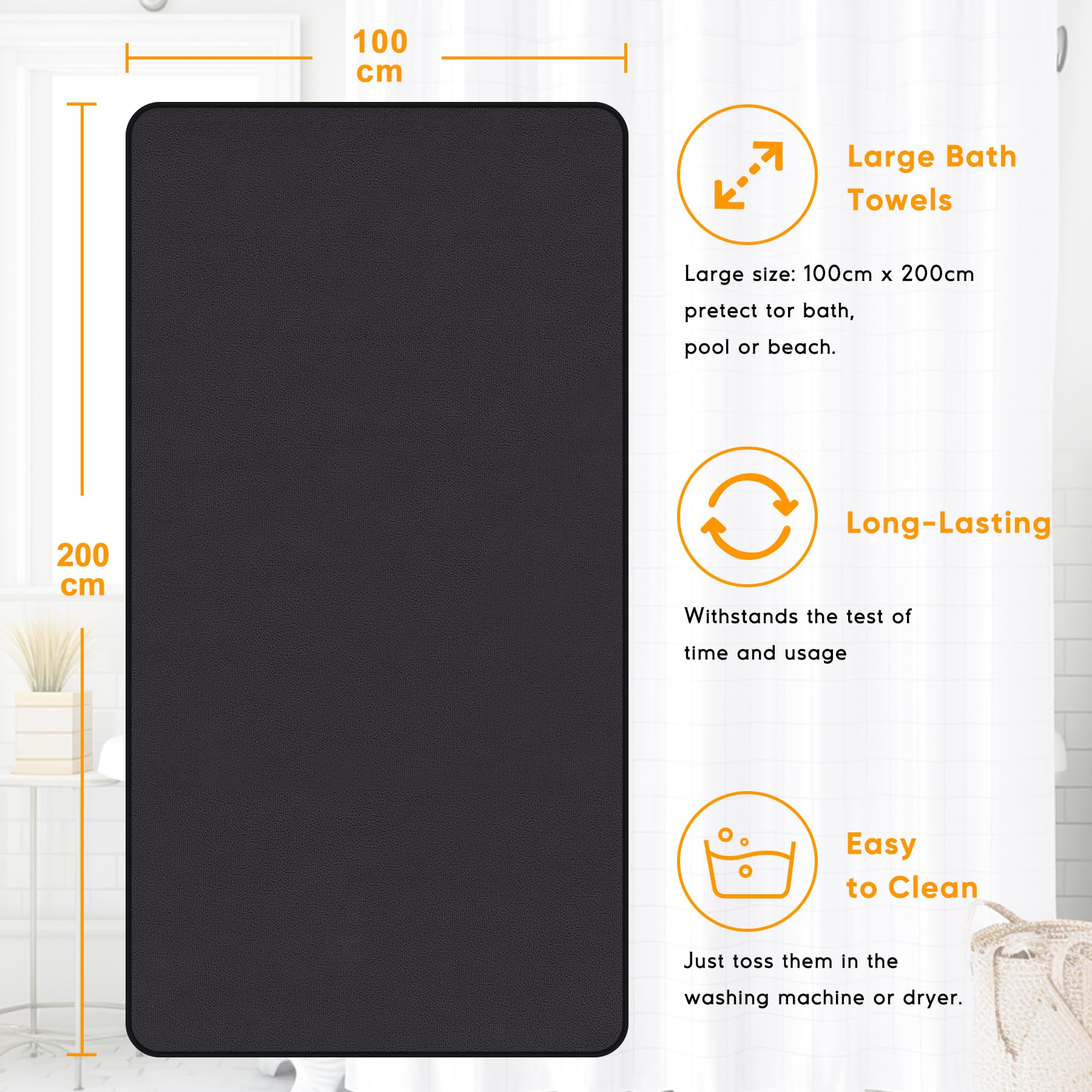 Asciugamano da Bagno grandi 100x200 cm – Extra Large Telo Bagno in Microfibra Cotone Filato ad Anello – Extra Morbido e Assorbente – Ideali per Bagno, Palestra, Ospiti, Viaggio (Nero)