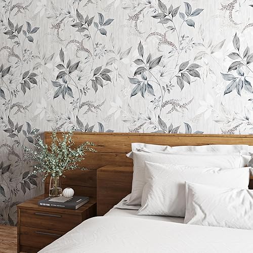 Miniatura 2 de Papel tapiz de hojas grises y blancas, papel tapiz de hojas botánicas para despegar y pegar, impermeable, decoración de granja para estantes, sala