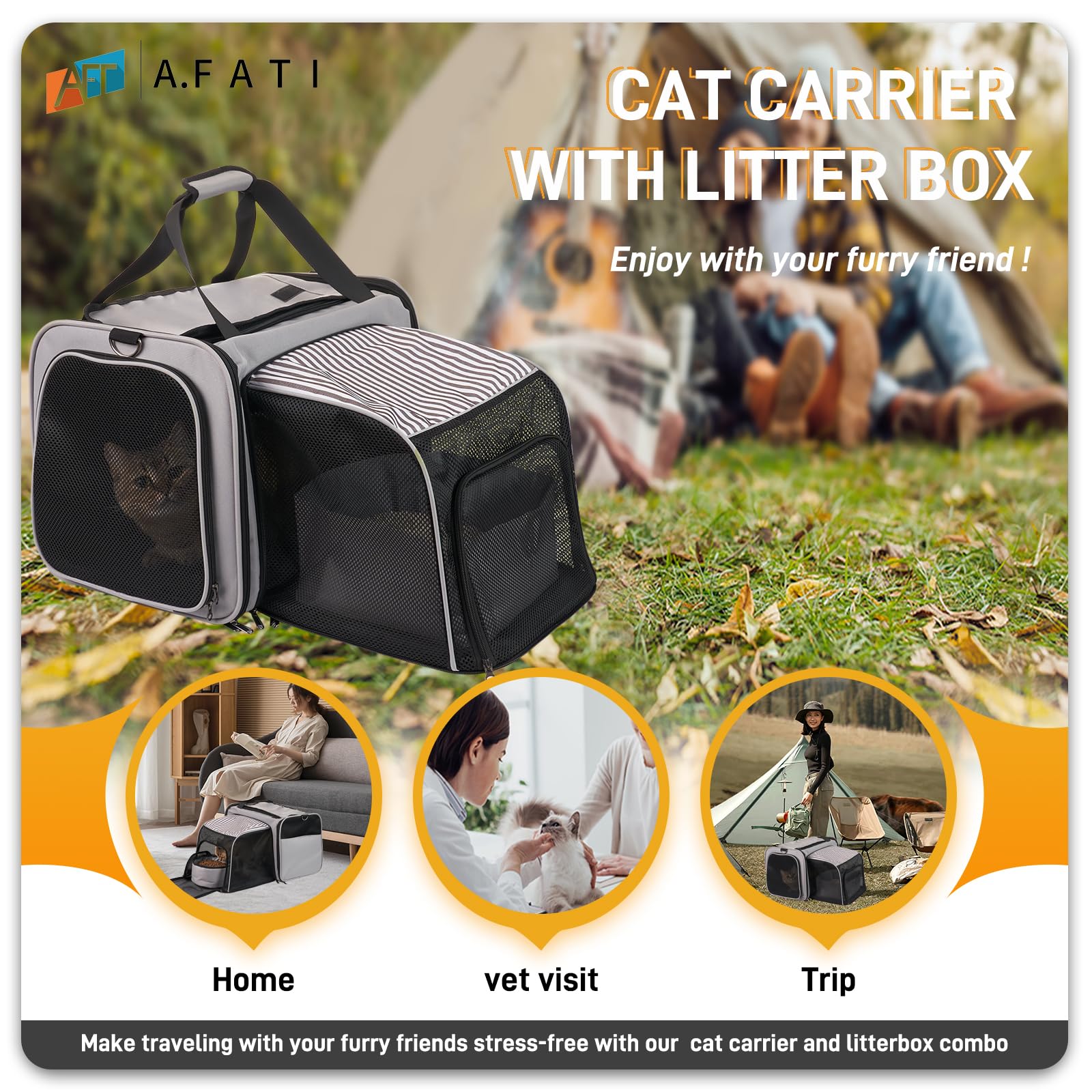 Cat Carrier with Litter Box, Collapsible Soft Sided Pet Carrier for Car Travel, Cat Travel Carrier with Locking Zippers, Expandable Cat Carrier with Food Bowl for Cats/Puppies up to 25 lbs, Grey - image 6