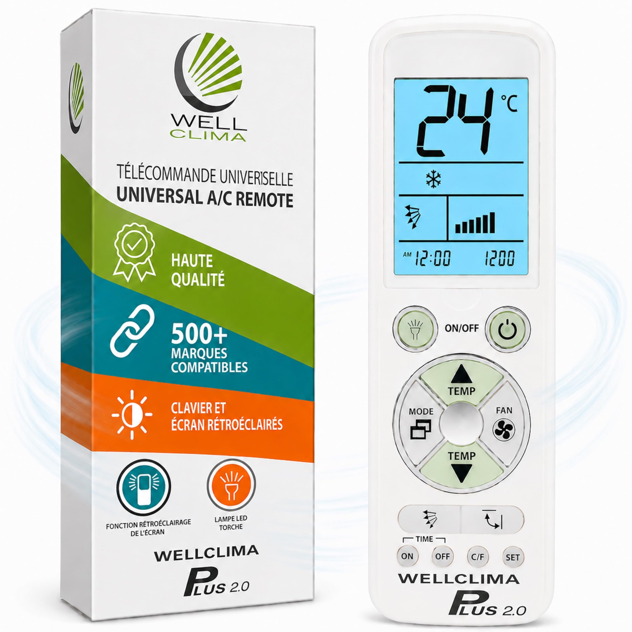 Wellclima Plus 2.0 – Télécommande Universelle pour climatiseur avec la Plus Large compatibilité du marché, Clavier et écran rétroéclairés, Lampe Torche LED, Assistance directe Wellclima