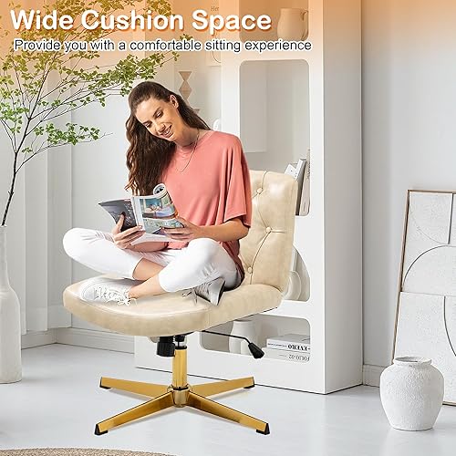 Miniatura 4 de HomVent Silla de escritorio de oficina sin brazos sin ruedas, silla de escritorio acolchada de piel sintética, moderna silla de escritorio