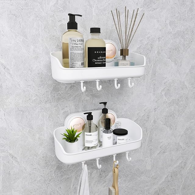 TAILI Shower Caddy Suction Cup with 4 hooks, Shower Baskets Shelves Wall Mounted Suction Organizer for Shampoo, Conditioner, Basket Shelf for Kitchen & Bathroom, Drill-Free Removable, 2 Pack
