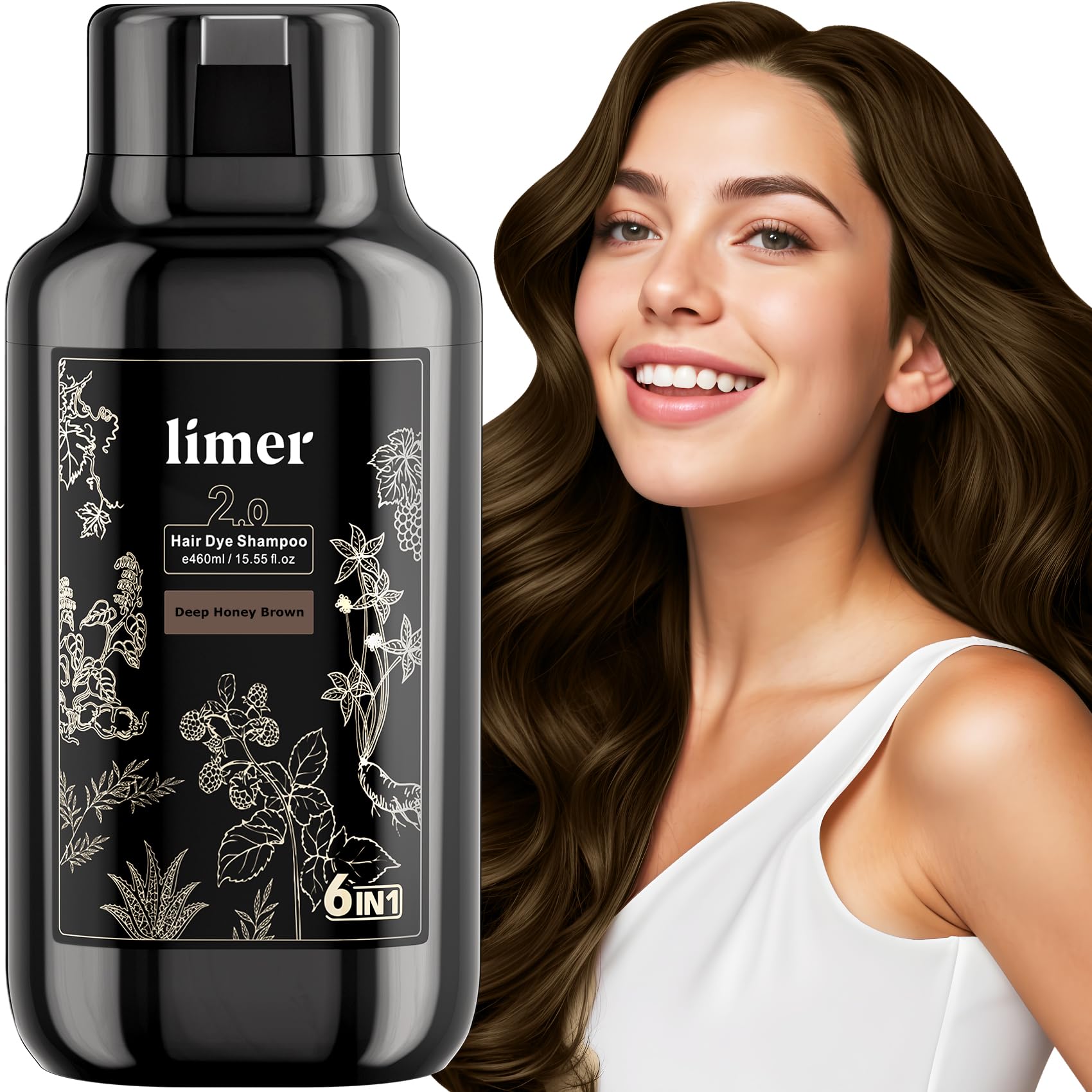 Limer Hair Dye Shampoo Deep Honey Brown, 6 in 1 Hair Color for Gray Coverage, Herbal Ingredients Natural Shampoo Para Pintar el Cabello,