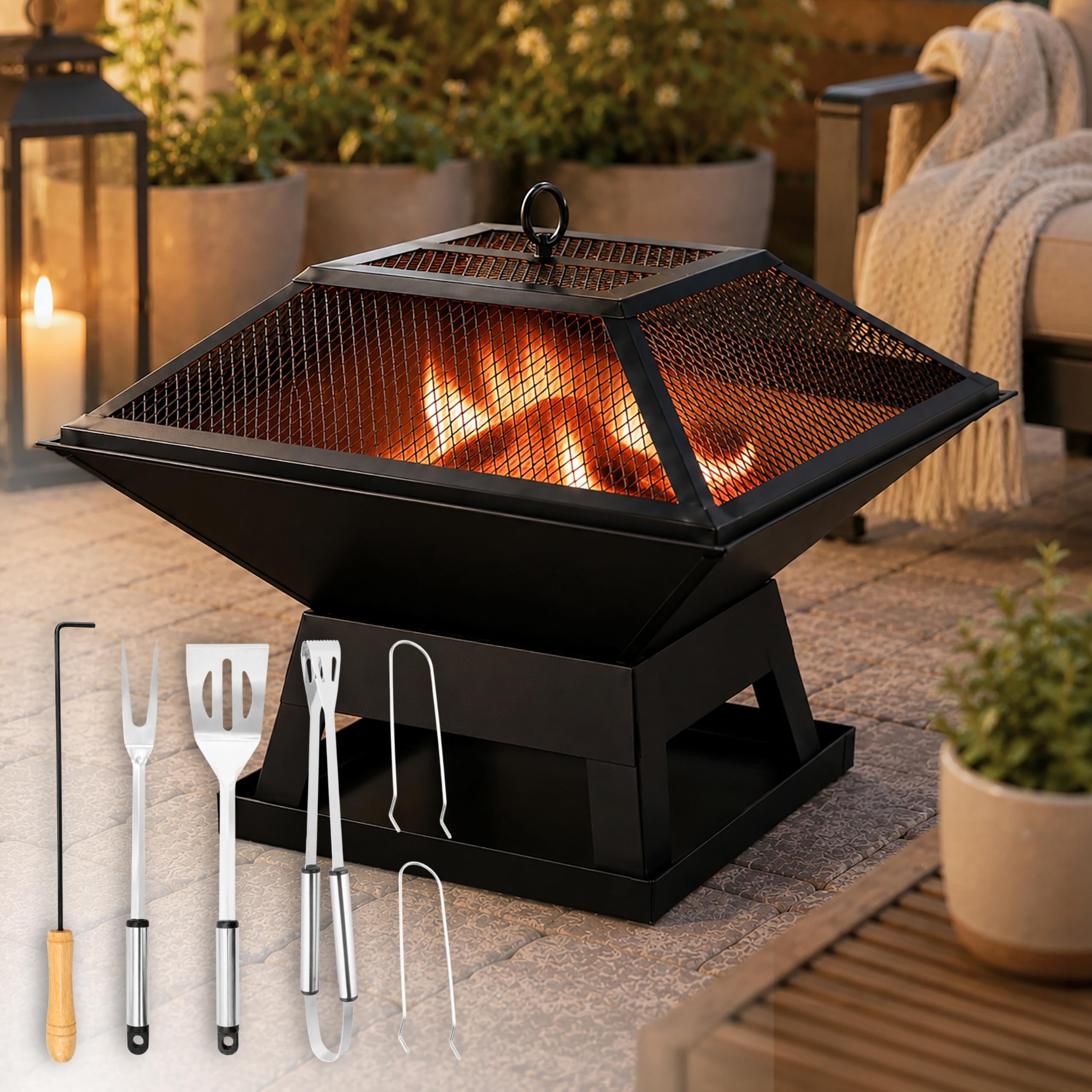 Garden Mile® - Grande braciere in metallo verniciato a polvere, colore nero, barbecue da esterno, braciere/stufa da giardino, quadrato