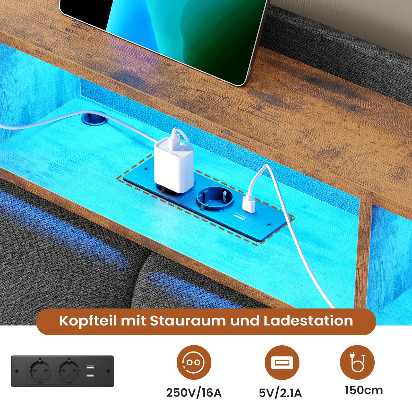 DICTAC Polsterbett 90x200 mit LED Beleuchtung und Steckdosenleiste Jugendbett 90x200 Einzelbett mit Lattenrost Bettgestell Erwachsene mit Stauraum Kopfteil,USB-Anschlüsse & Stauraum,Leinen,Dunkelgrau