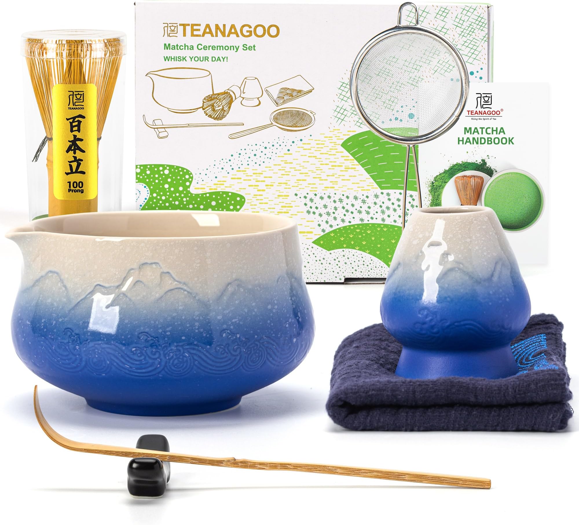 TEANAGOO 7 Pcs Matcha Set,Blue Matcha Whisk Set, Ceremony Matcha Powder Kit,Matcha Tea Set for Making Latte,Matcha Whisk Set and Bowl with Scoop&Sifter,Fuji Design Ceramic Bowl,Gift for Matcha Lovers