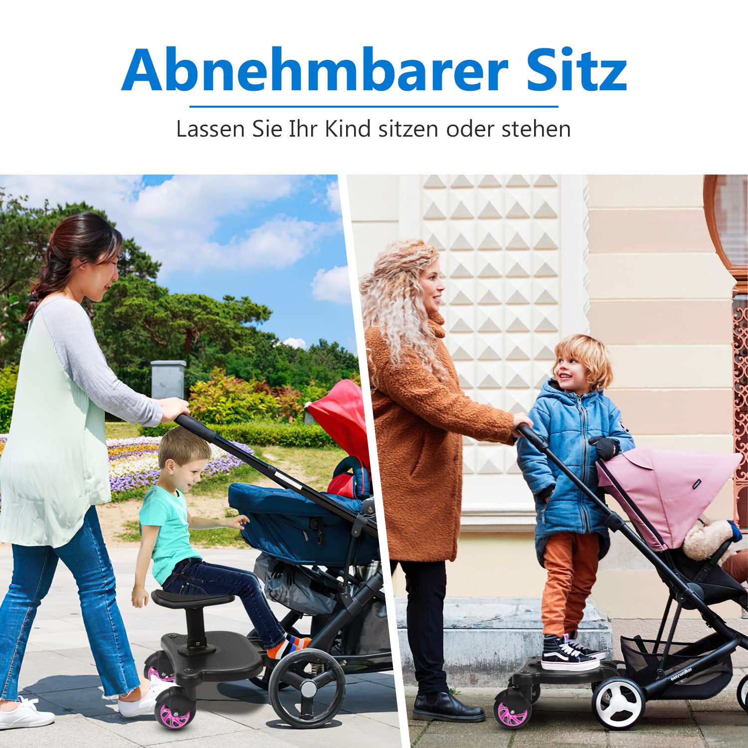 Tubiaz Passeggino con sedile, Pedana universale per bambini, design a due ruote a 360°, accessori per passeggino, adatto per ogni passeggino (rosa)