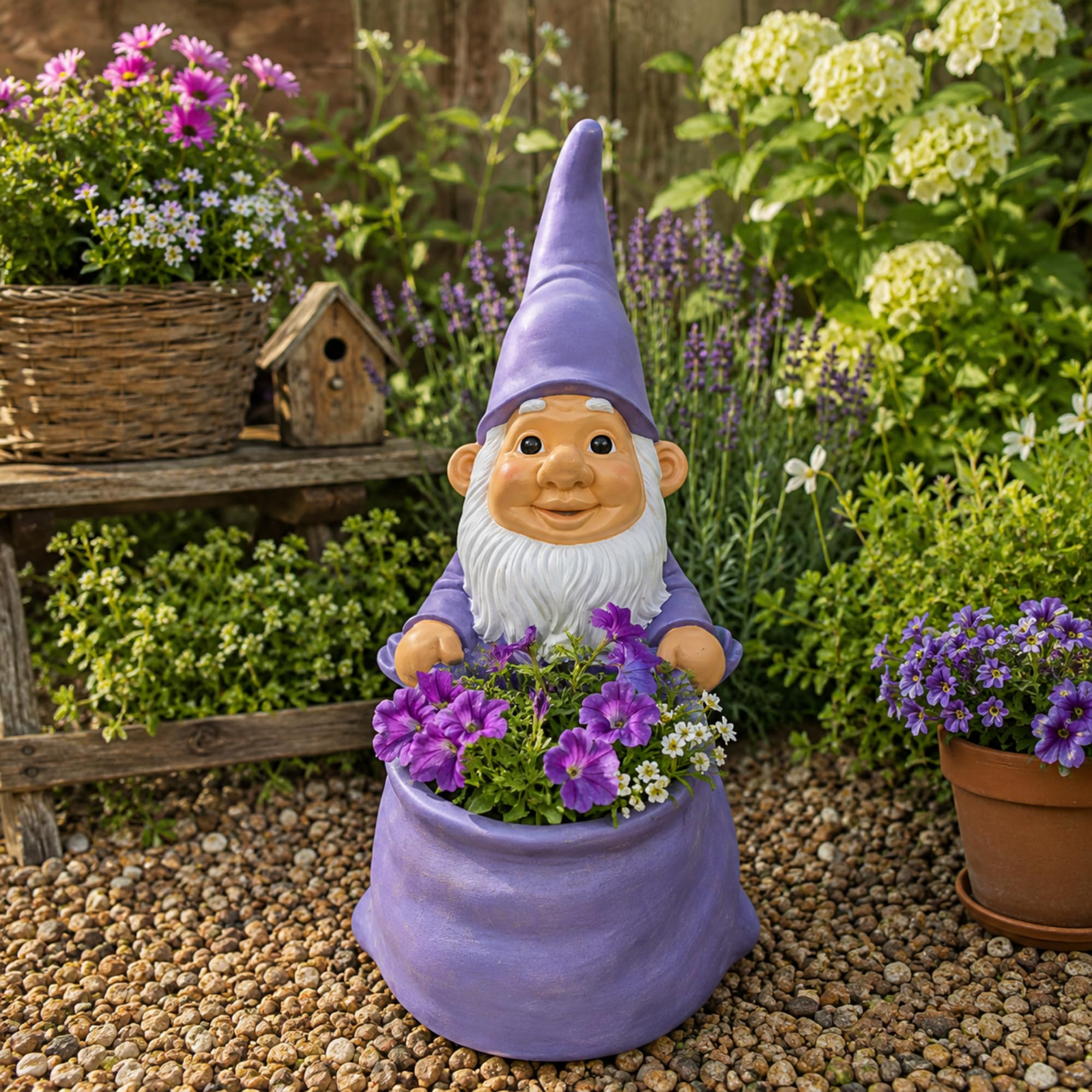 Gartenzwerg mit Pflanztopf – 45 cm Gartenfigur aus Kunstharz für Balkon & Garten