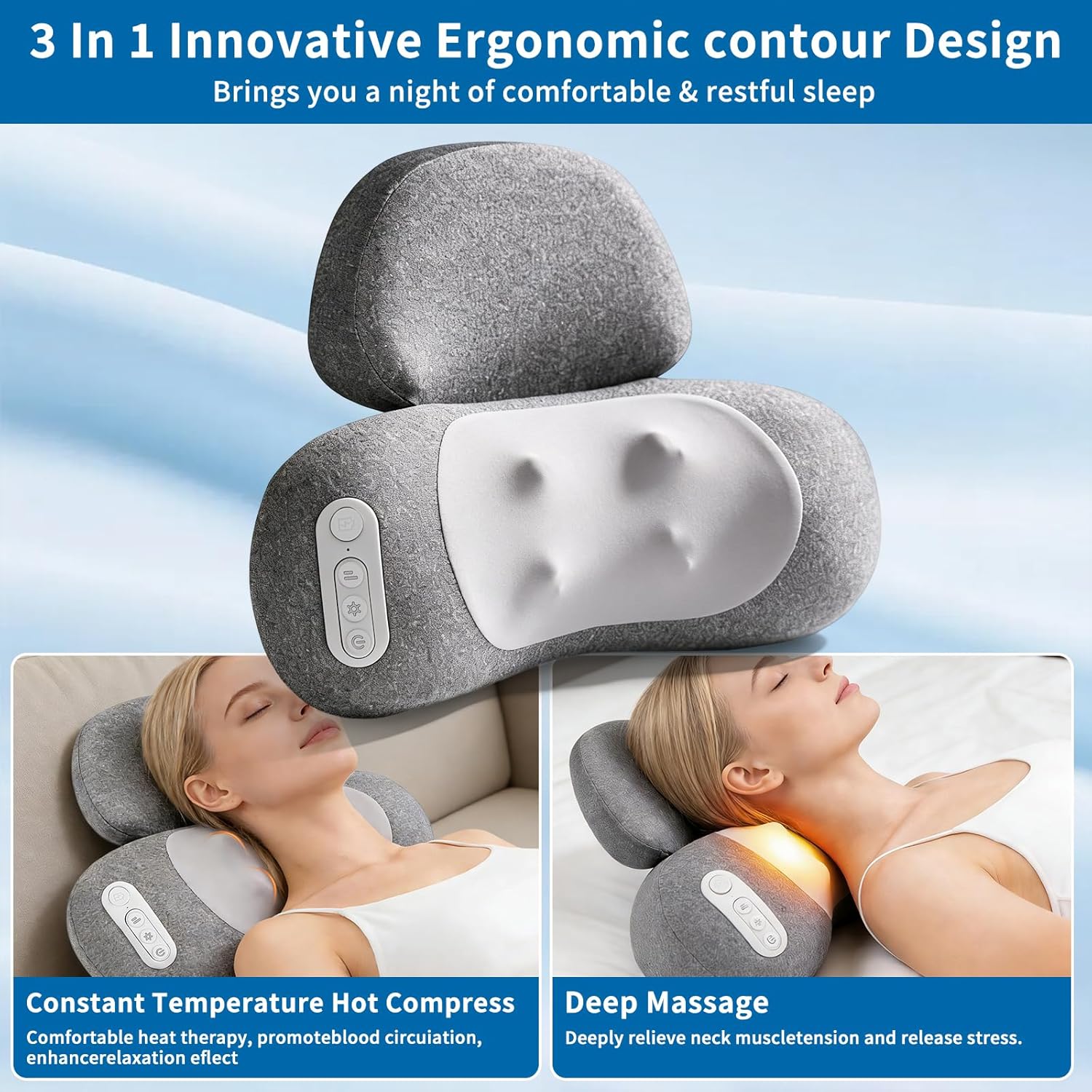 Upgraded 3-in-1 Neck Massager Pillow,2-Speed Gears Adjustable Neck pillow,Deep Tissue Kneading Massage with Heat,Rechargeable Cordless Pillow Traction Massager Gift for Mom/Dad/Women/Men (Gray)