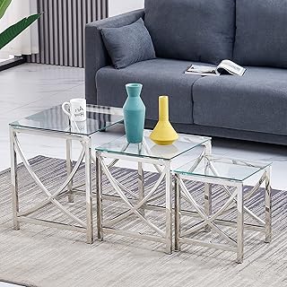 Nest of 3 Coffee Table Modern Sofa Side End Table Tempered glass with Stainless Steel Legs Nesting Tables for Living Room (Transparent Glass Type1)