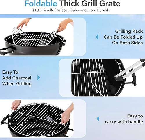 Miniatura 6 de GREEN PARTY Parrilla de barbacoa de carbón de 22 pulgadas con ruedas, parrilla de carbón portátil con tapa esmaltada de porcelana y colector de