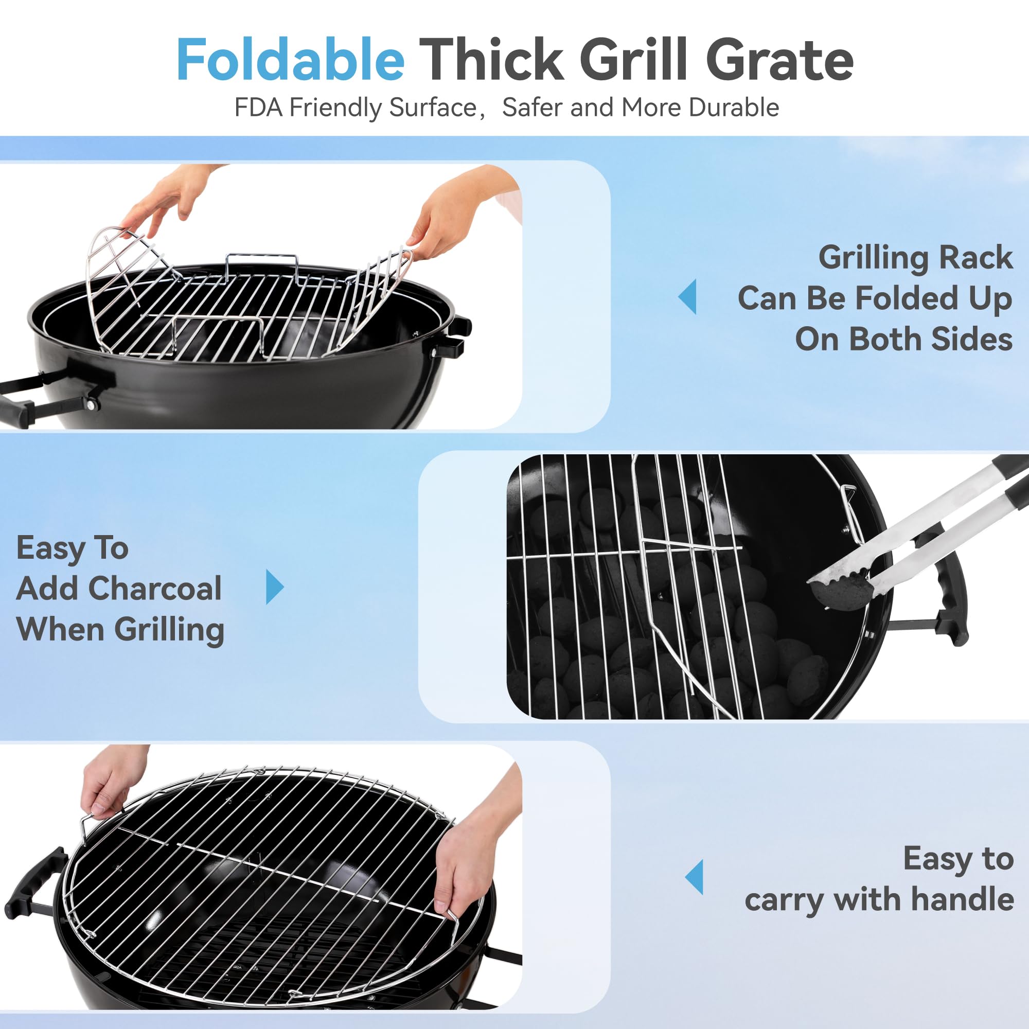 GREEN PARTY Parrilla de carbón vegetal de 22 pulgadas con ruedas, parrilla de carbón portátil con tapa esmaltada en porcelana y recogedor de cenizas para cocinar al aire libre, barbacoa, camping,