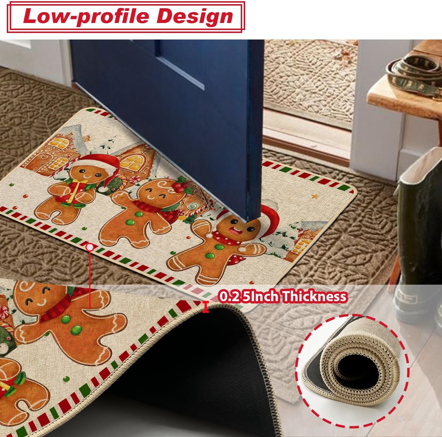 Baccessor Christmas Kitchen Rugs Set of 2, Gingerbread Candy Cane Kitchen Mats for Floor Hallway Laundry Sink Low-Profile Winter Holiday Home Decor 17x29 and 17x47 Inch