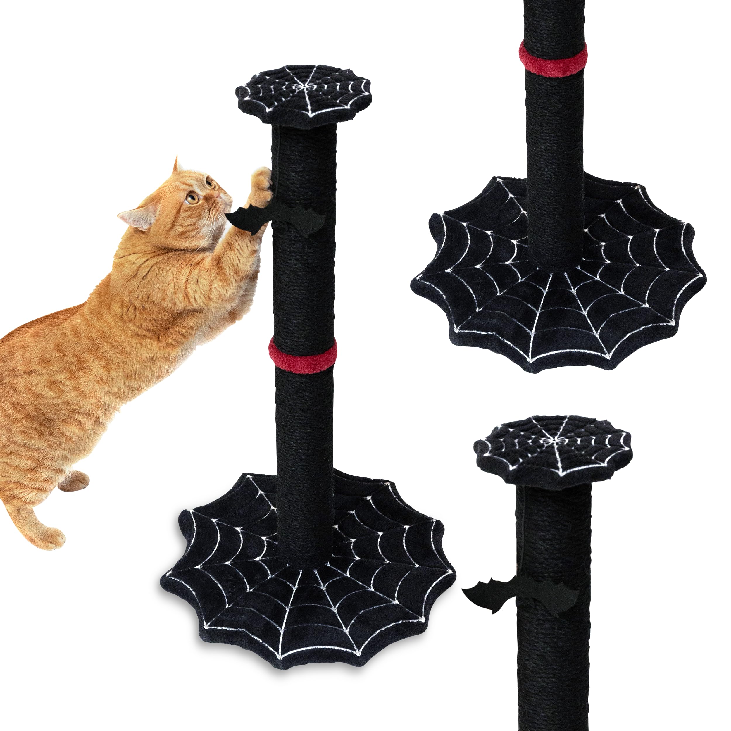 Gothic Cat Scratching Post with Spider Web Floor Foundation and Bat Toys, Halloween Cat Scratcher, Cat Scratchers for Indoor Cats, Black cat Scratcher