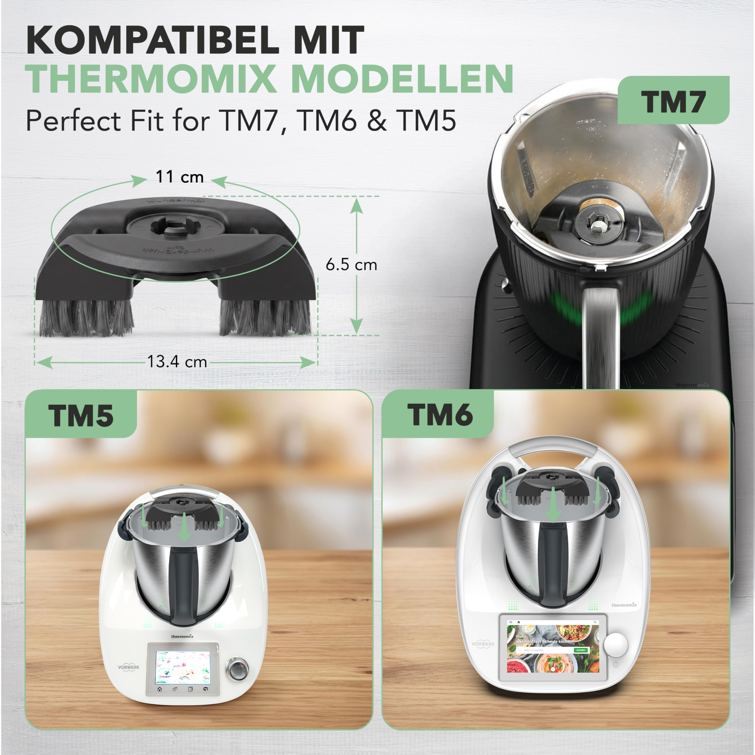 Wundermix WunderBrush® Spin Reinigungsbürste für Thermomix TM7 TM6 TM5 – Mixtopf-Bürste gegen Fett, Teigreste und Eingebranntes, spülmaschinengeeignet, mit Klickverschluss, Kunststoff schwarz